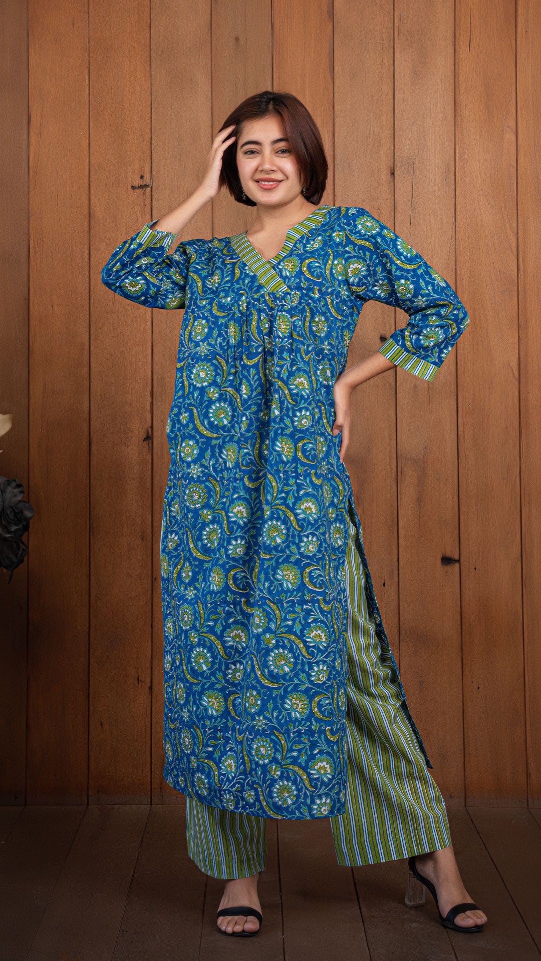 Trisha Sanganeri Hand Block Cotton Kurta - Blue/Green