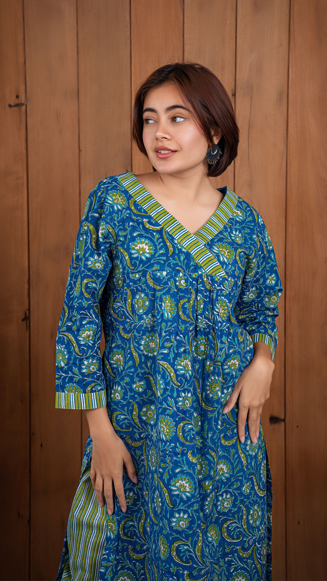 Trisha Sanganeri Hand Block Cotton Kurta - Blue/Green