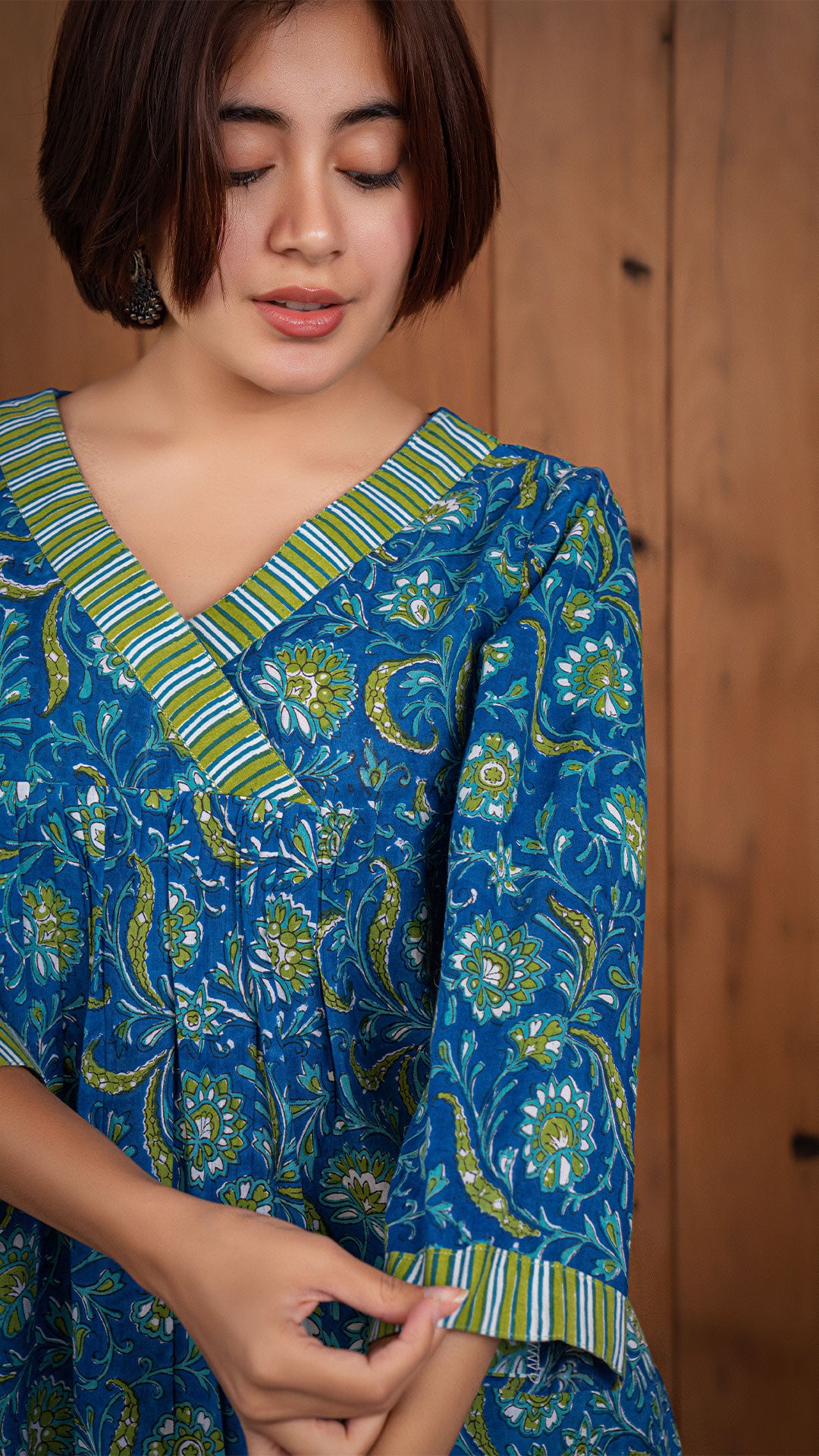 Trisha Sanganeri Hand Block Cotton Kurta - Blue/Green