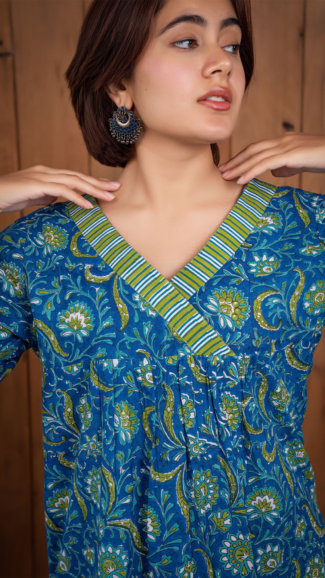 Trisha Sanganeri Hand Block Cotton Kurta - Blue/Green