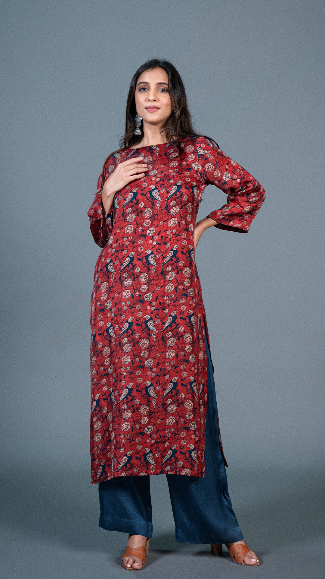 Deep Red Parrot Print Kurta In Modal Silk