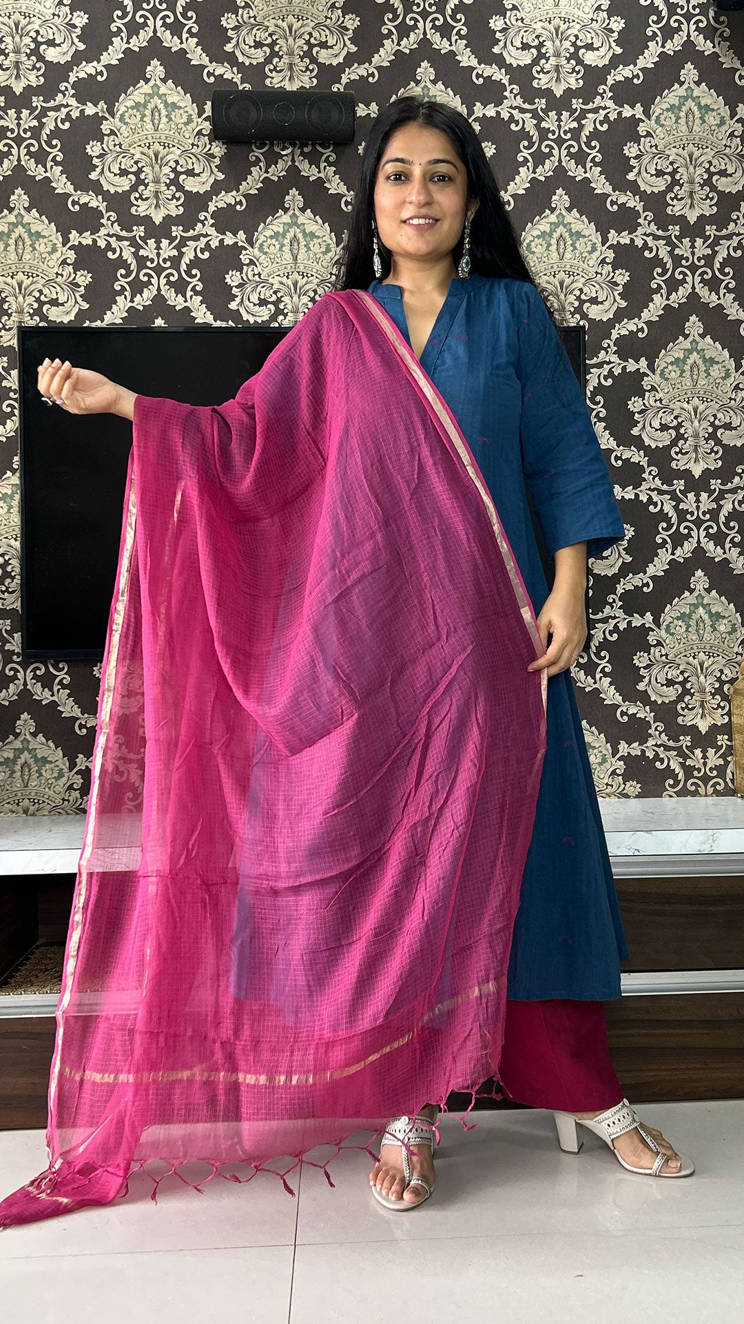 Mirah Chand Motif Hand Woven Kali Cotton Kurta - Blue