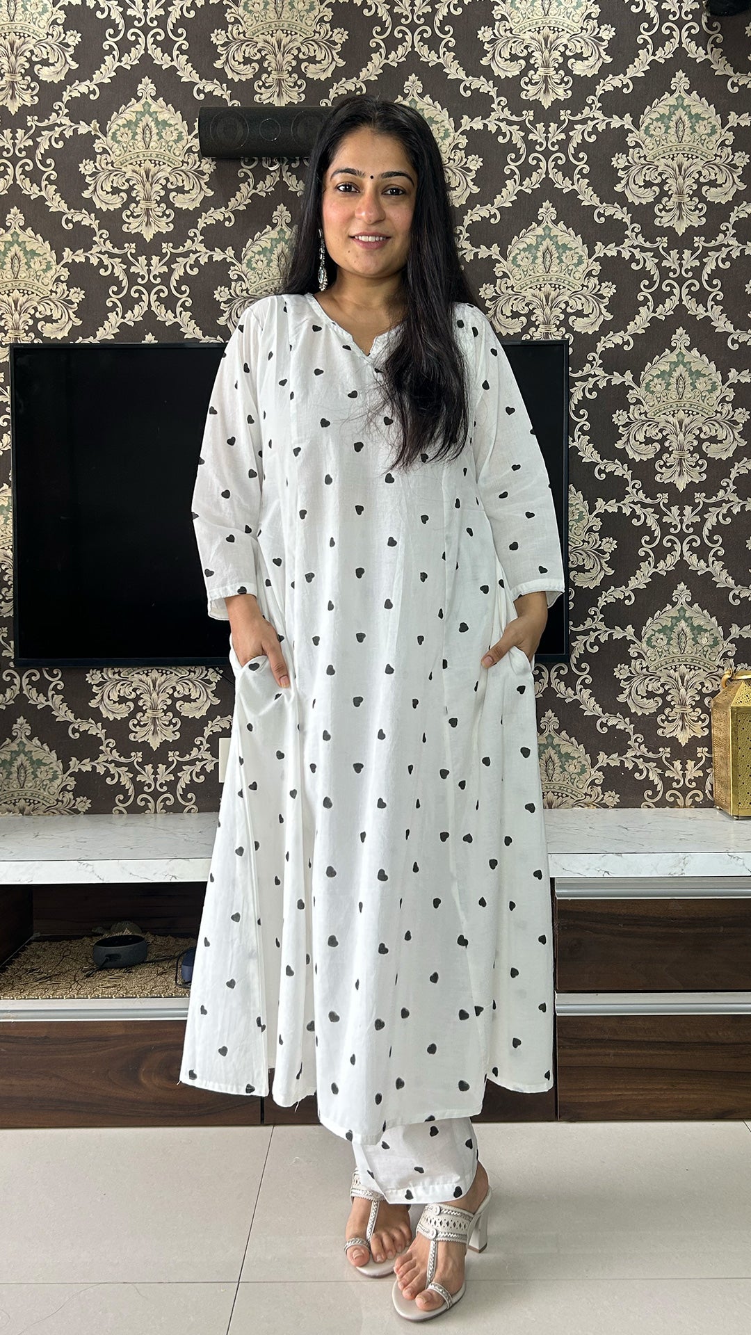 Black Little Hearts - Hand Block Kali Cotton Kurta - Black/White