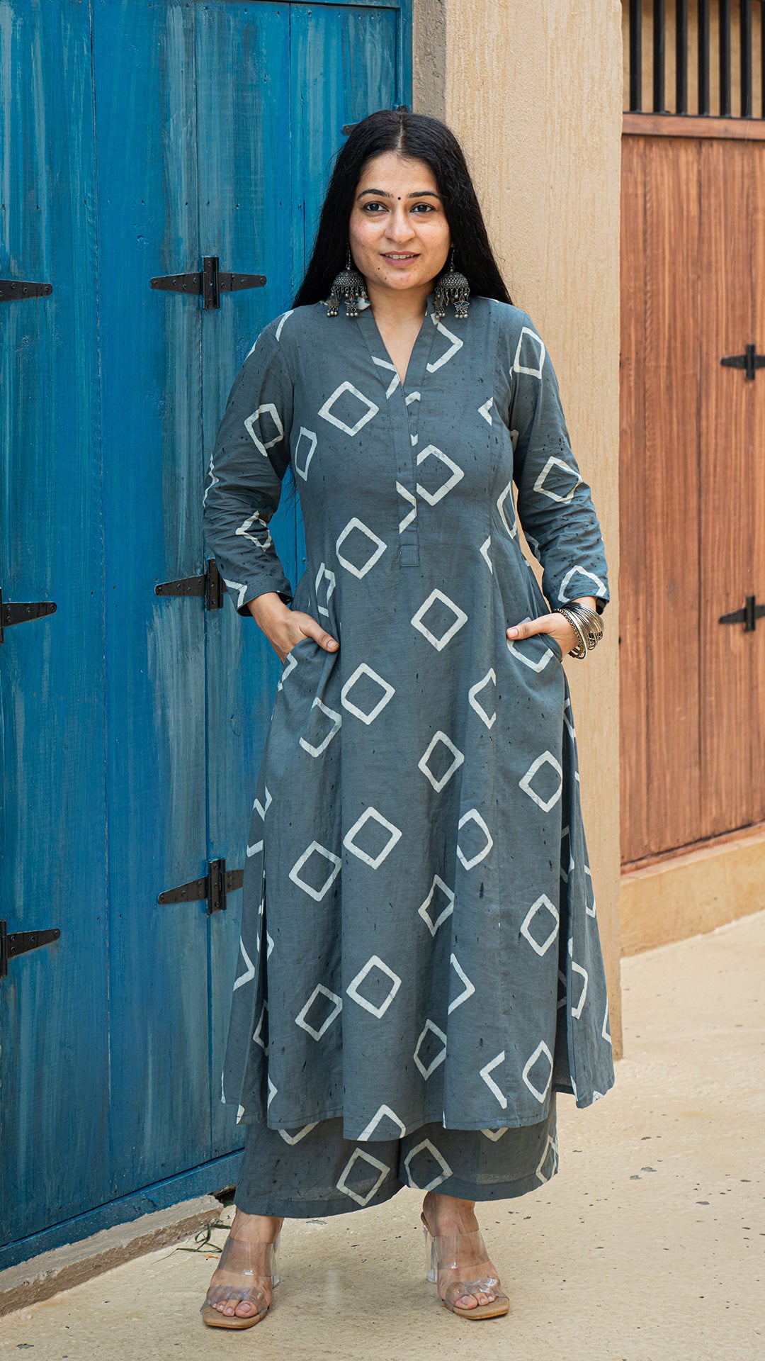 Roshi Square Block Print Cotton Kurta - Grey