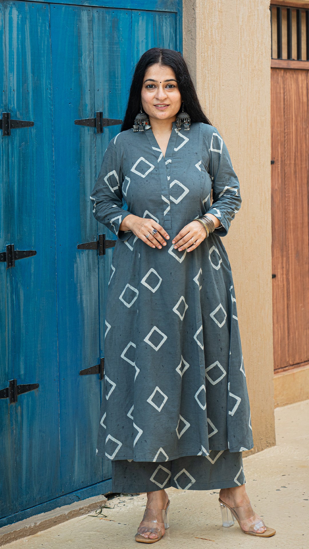 Roshi Square Block Print Cotton Kurta - Grey