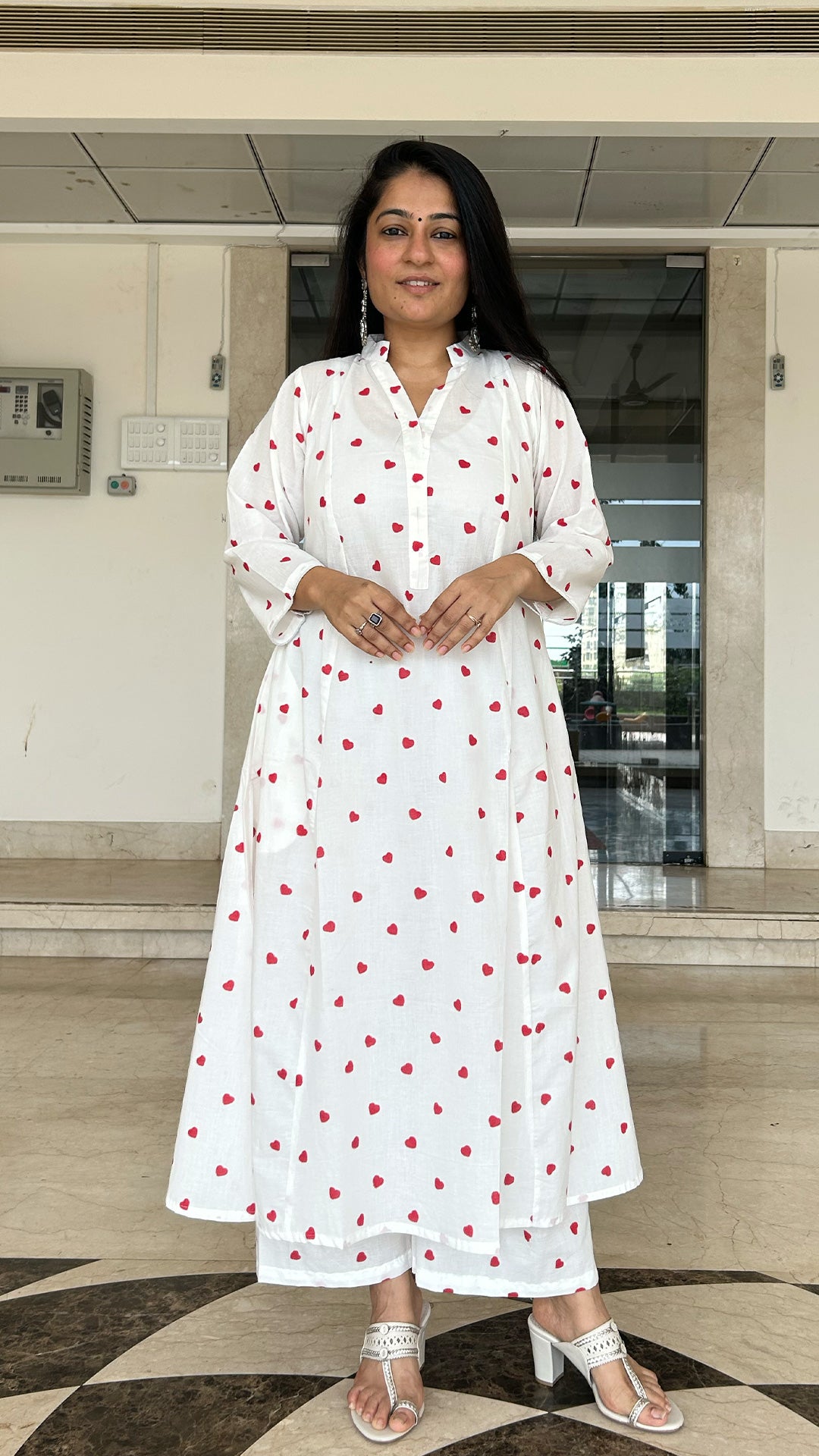 Little Hearts - Hand Block Kali Cotton Kurta - Red/White