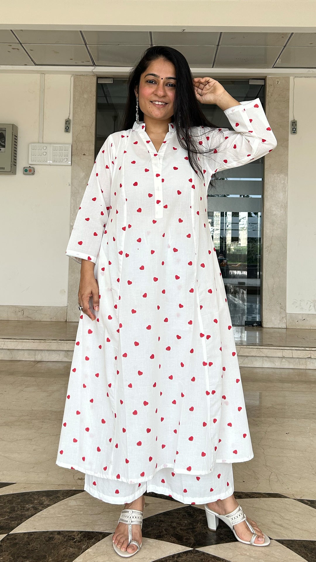 Little Hearts - Hand Block Kali Cotton Kurta - Red/White