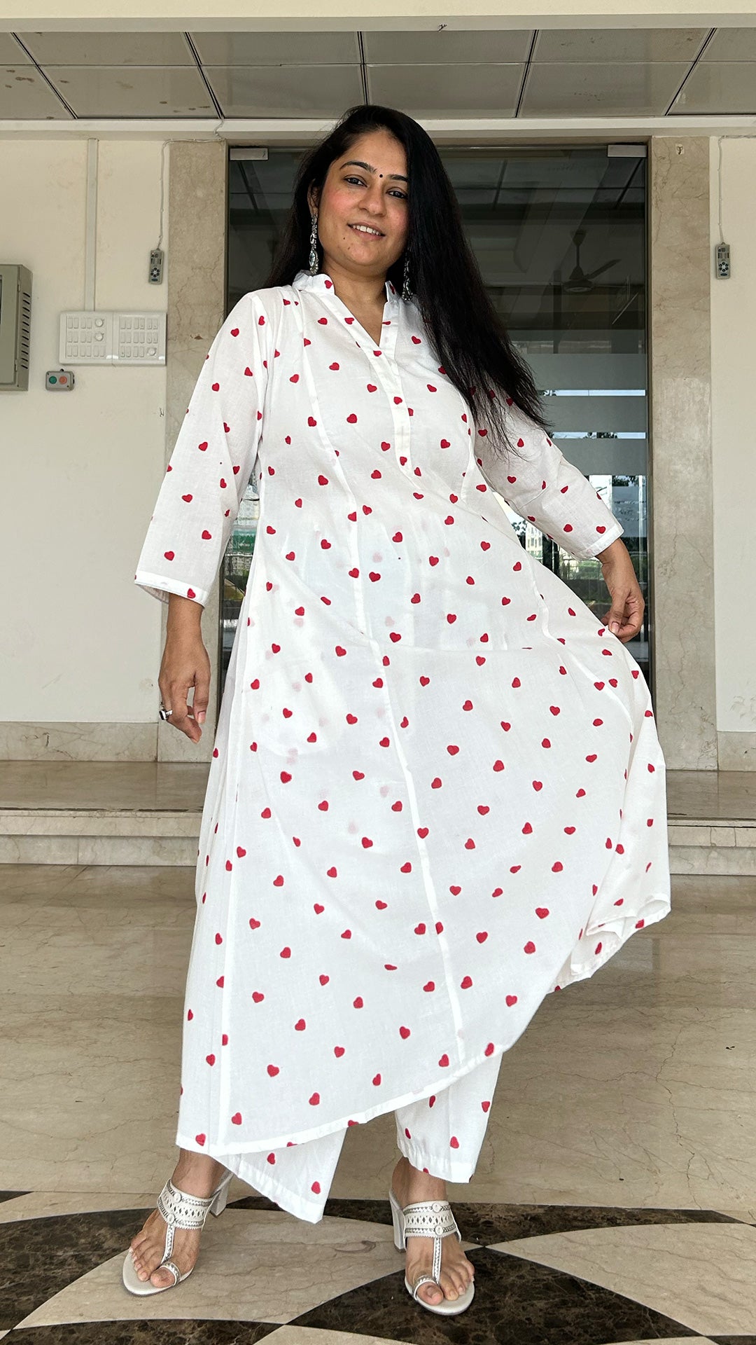 Little Hearts - Hand Block Kali Cotton Kurta - Red/White