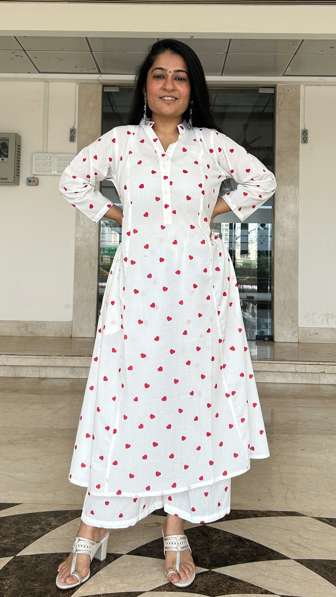Little Hearts - Hand Block Kali Cotton Kurta - Red/White