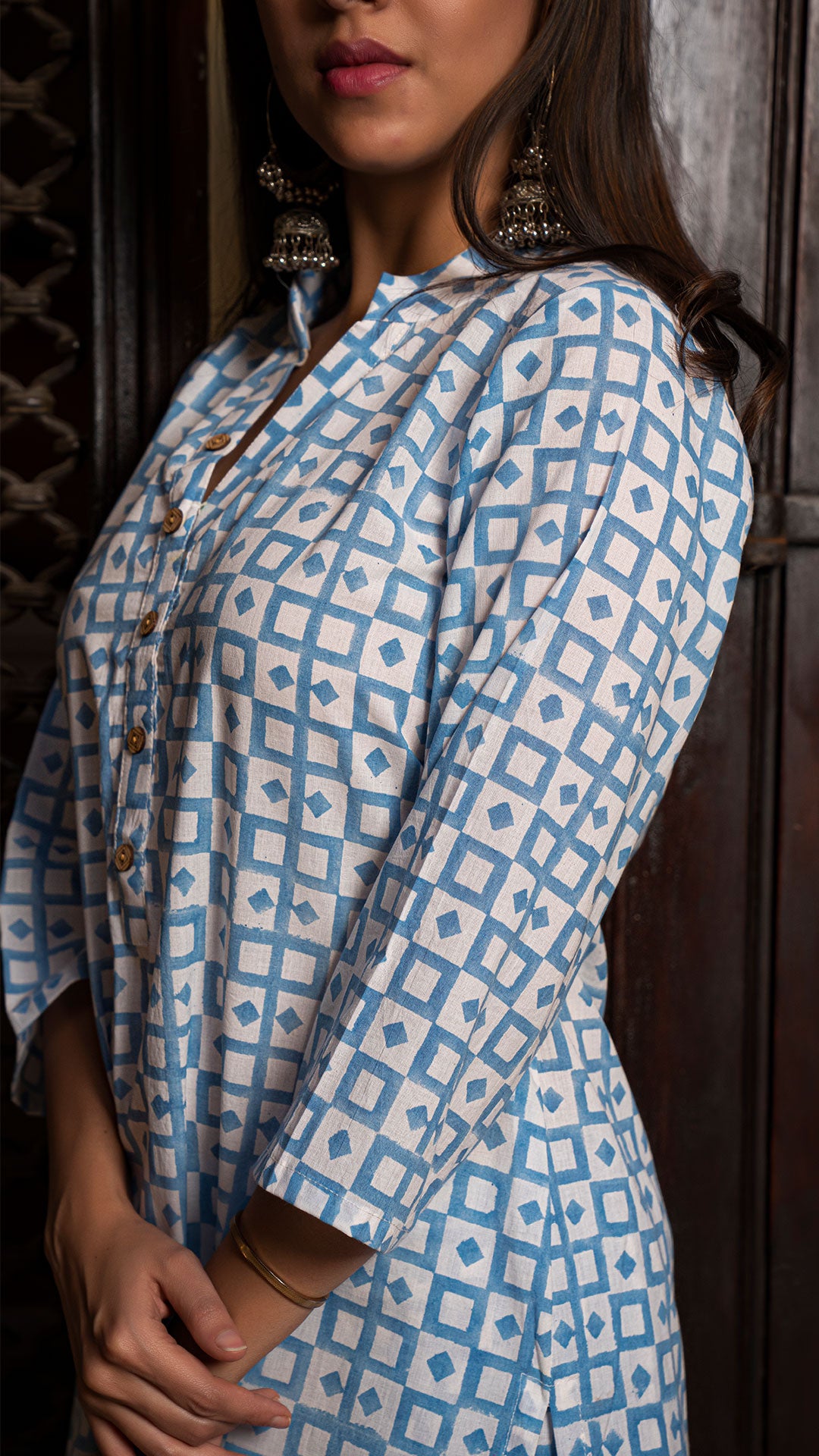 Madhura Sanganeri Hand Block Cotton Kurta In White/Blue