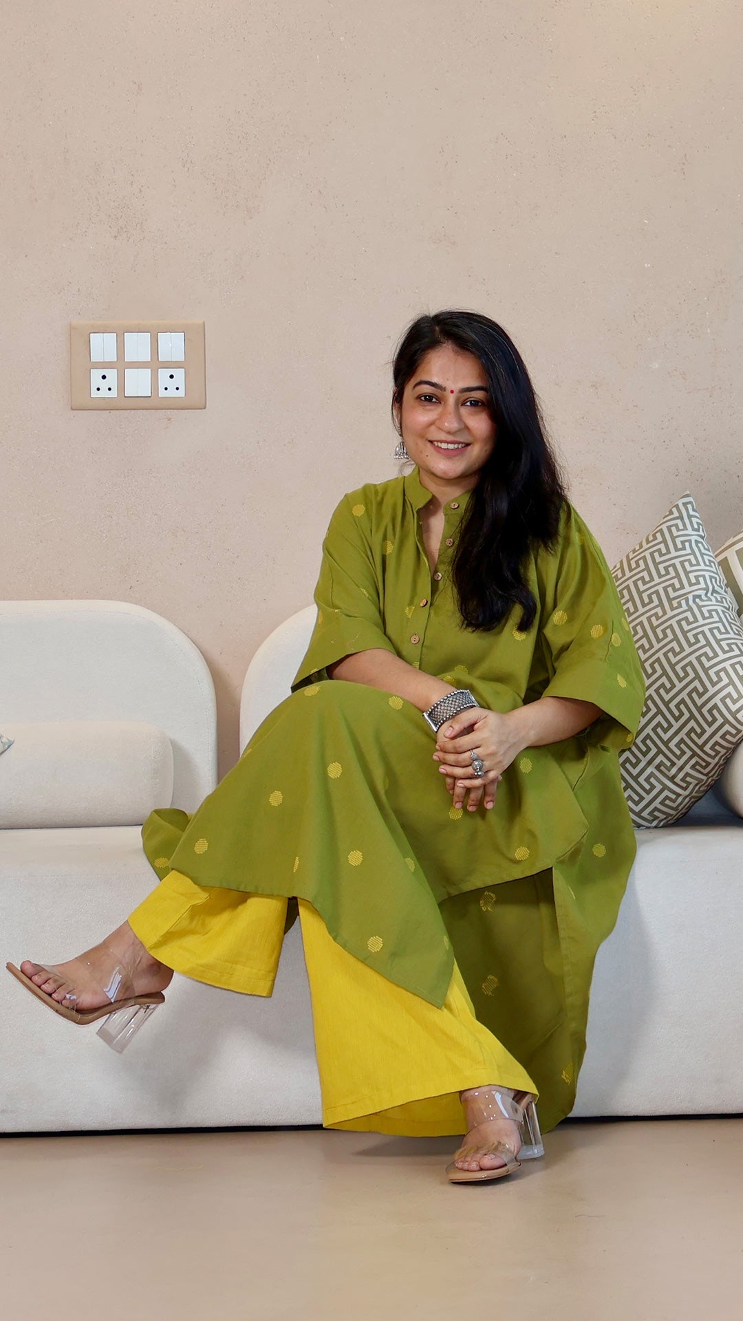 Olive Green Dots Motif Handwoven Cotton Kaftan Co-ord