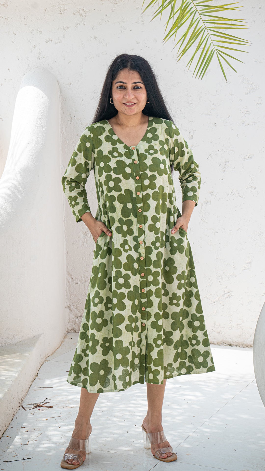 Roza Floral Hand Block Cotton Dress - Green