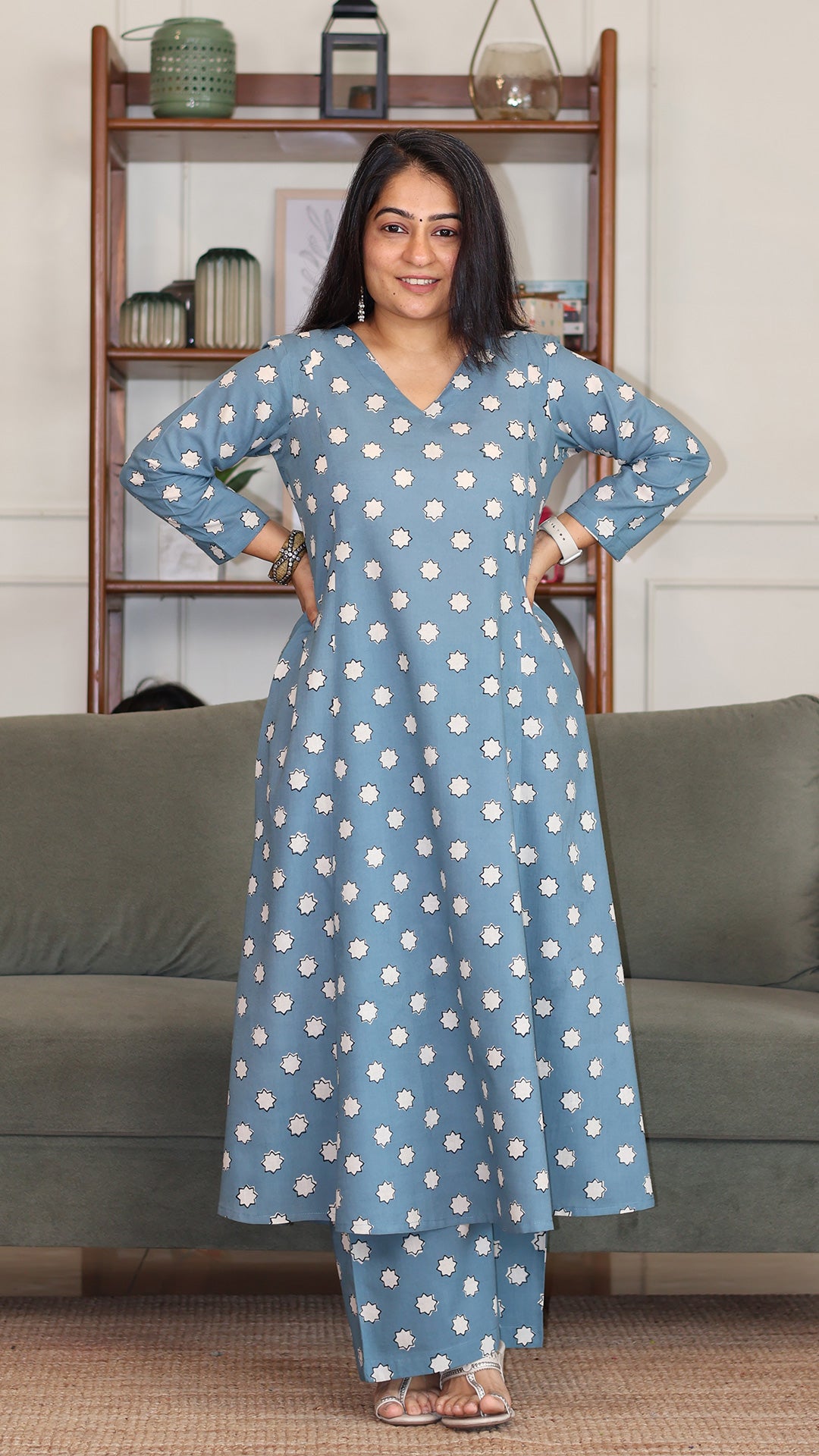 Eleanor Hand Block Cotton Kurta - Sky Blue