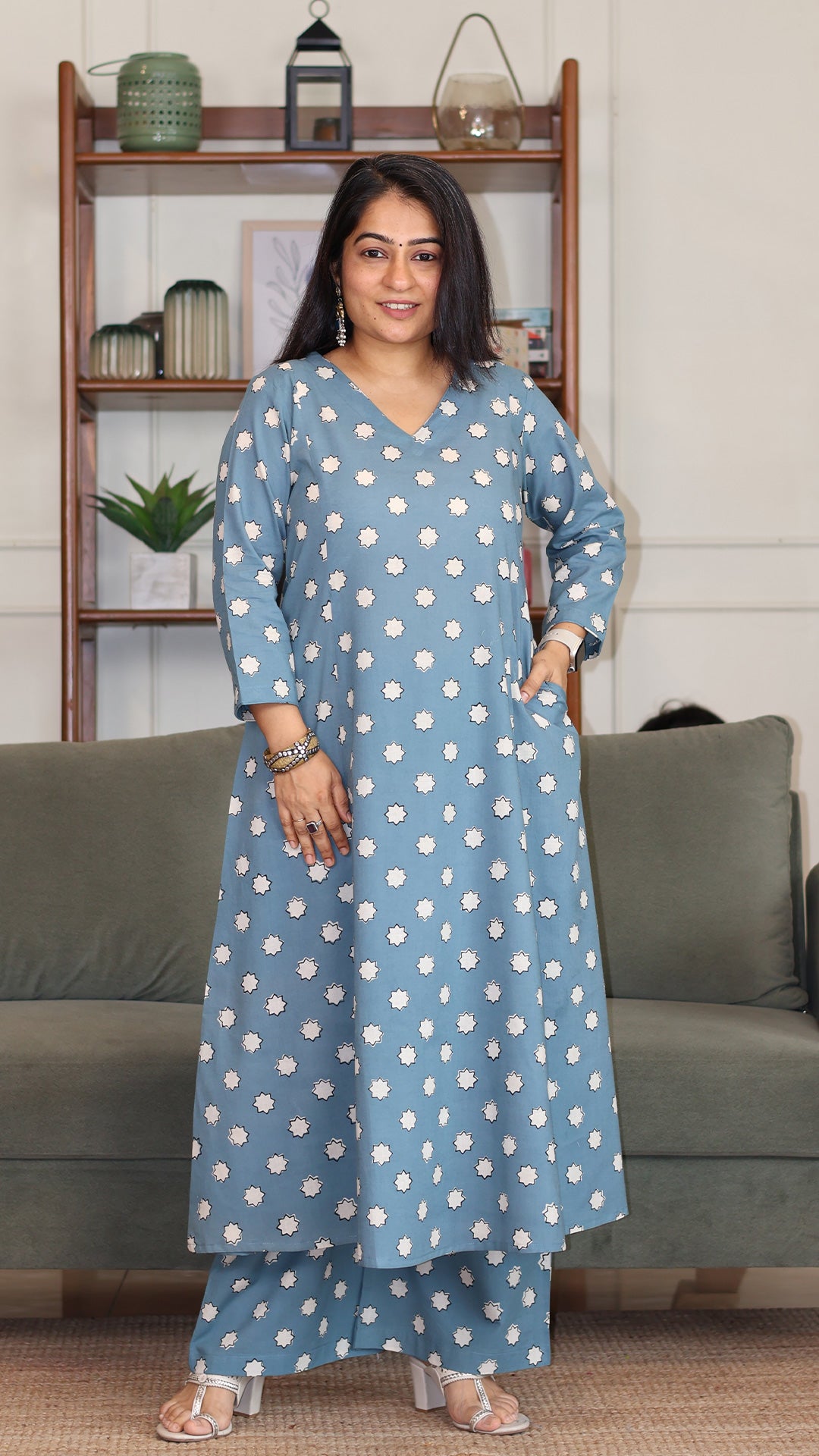 Eleanor Hand Block Cotton Kurta - Sky Blue