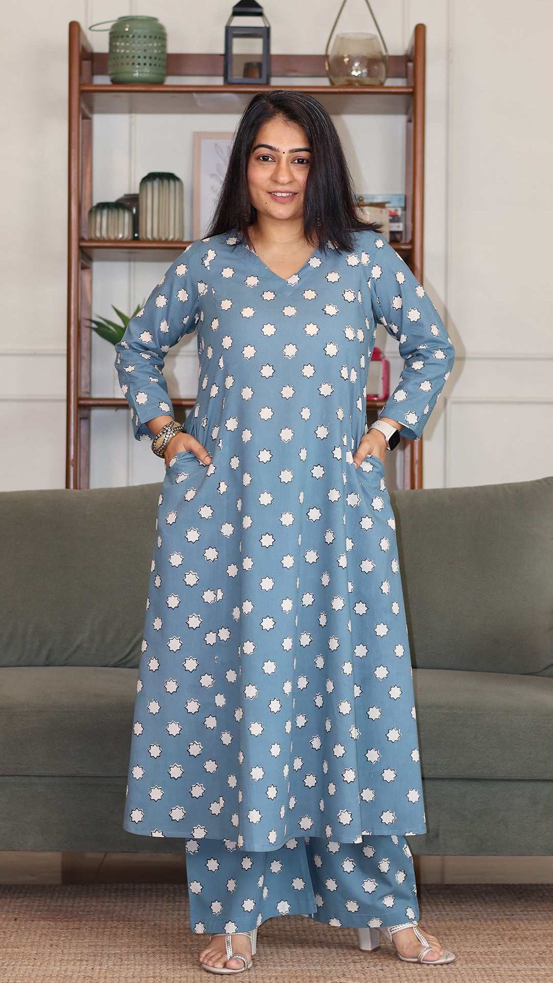 Eleanor Hand Block Cotton Kurta - Sky Blue