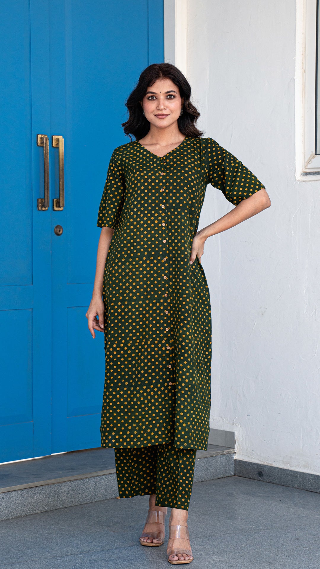 Aarya Green Dabu Polka Dots Kurta In Cotton