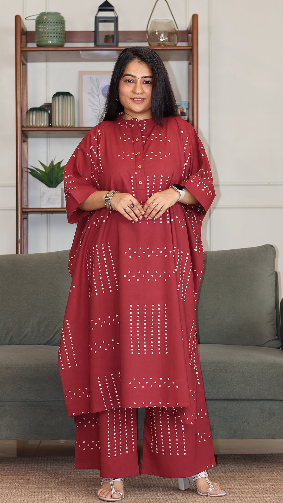 Garima Hand Block Cotton Kaftan Co-ord - Red