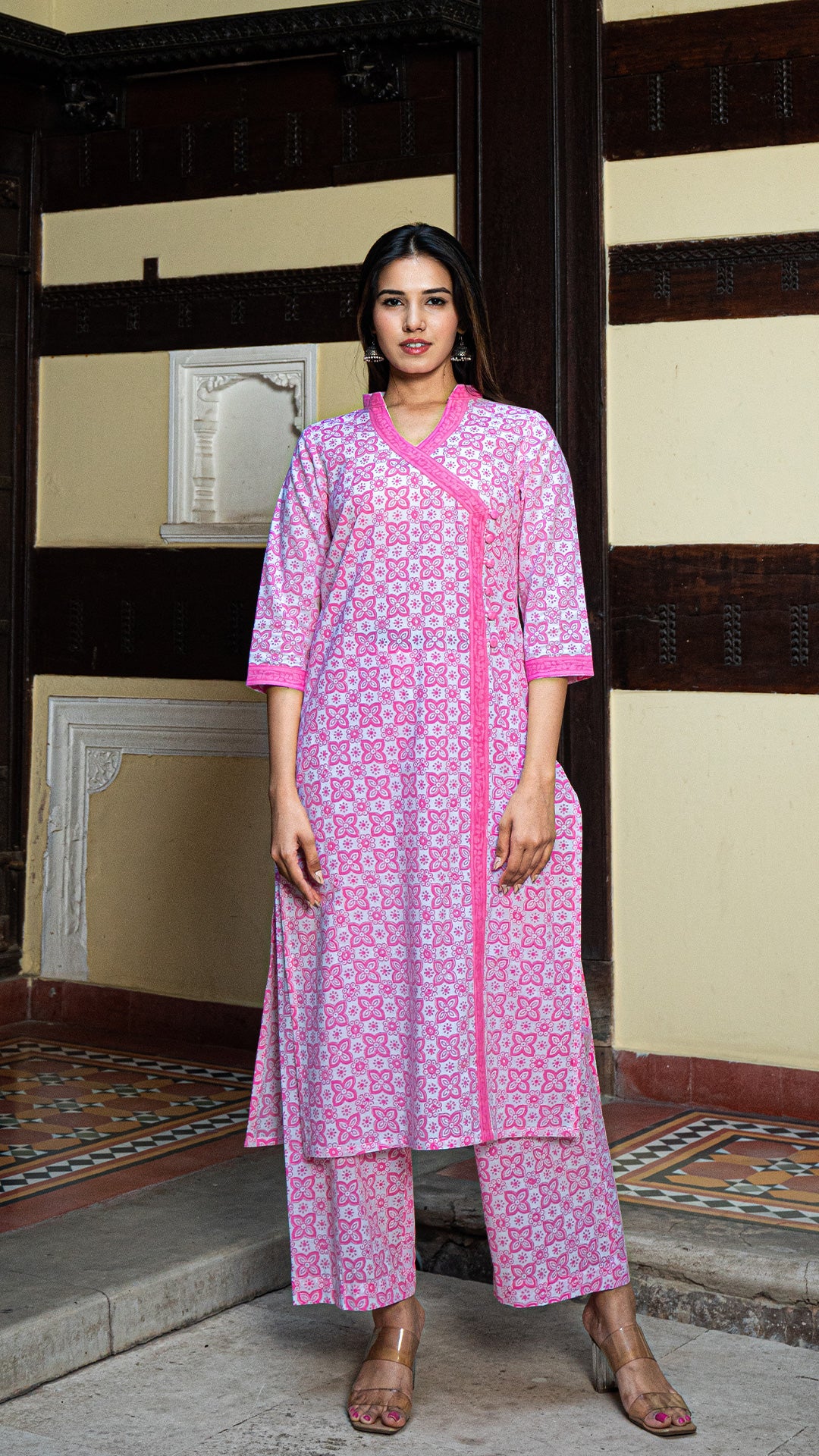 Mishri Sanganeri Hand Block Cotton Kurta - Pink/White