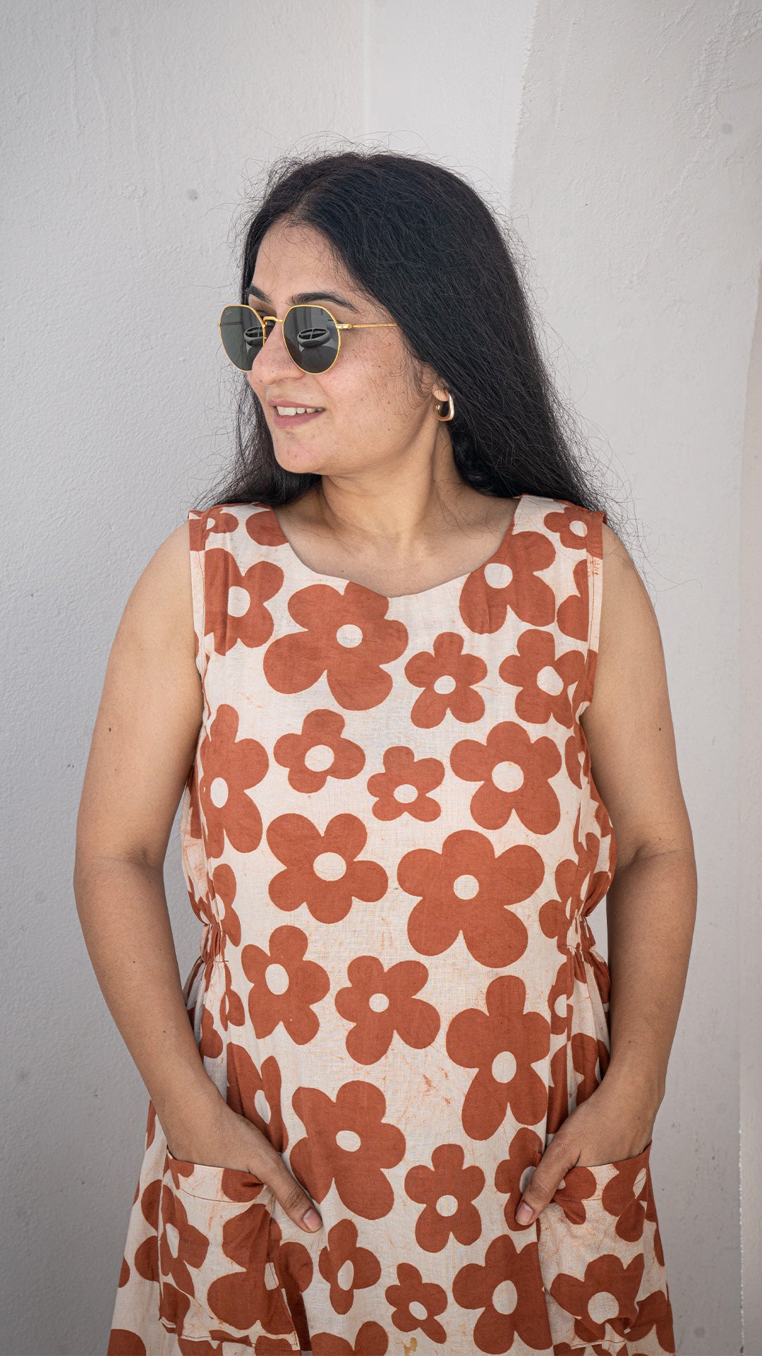 Vaanya Floral Hand Block Cotton Dress - Brown