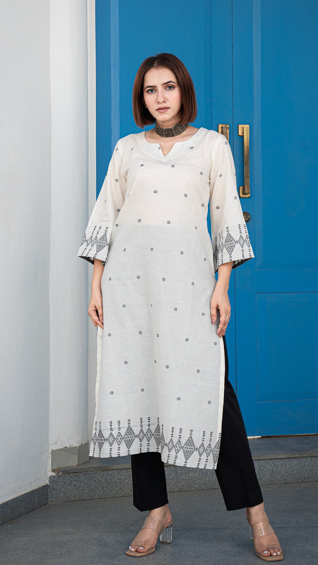 Sania Hand Woven Cotton Kurta - White/Black