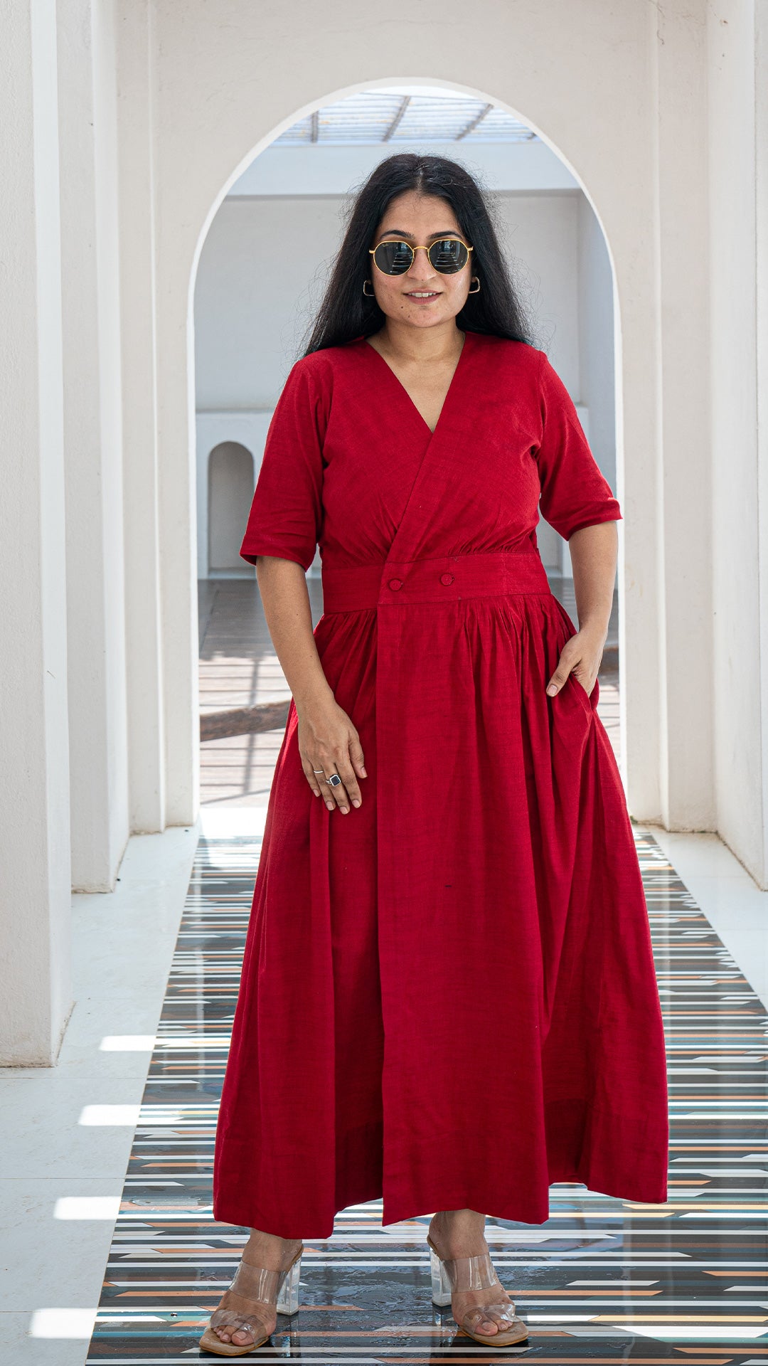 Solid Red Pleated Cotton Dress
