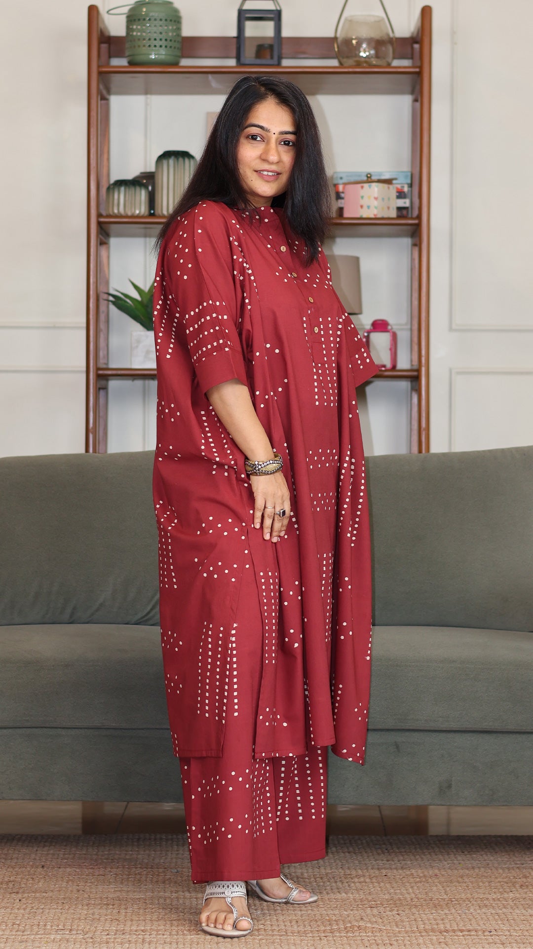 Garima Hand Block Cotton Kaftan Co-ord - Red