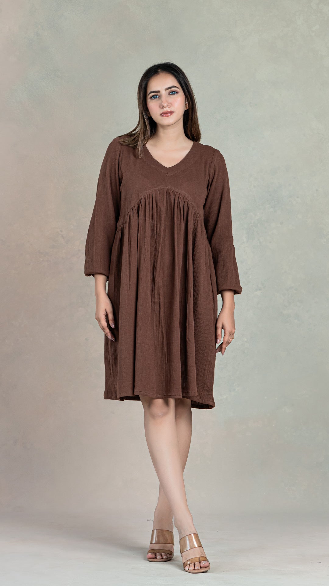 Brown Tier Dress In Crinkled Cotton