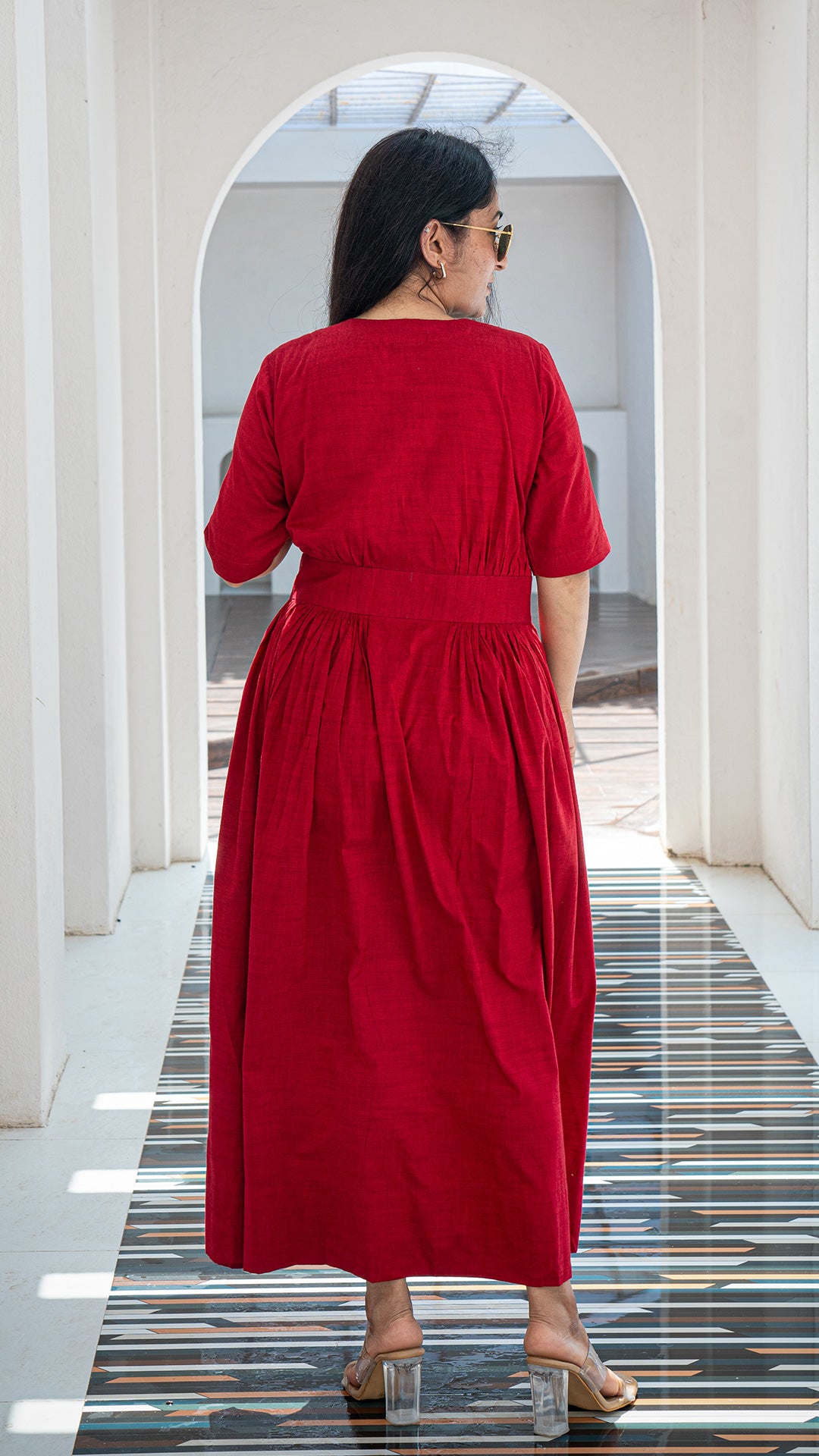 Solid Red Pleated Cotton Dress