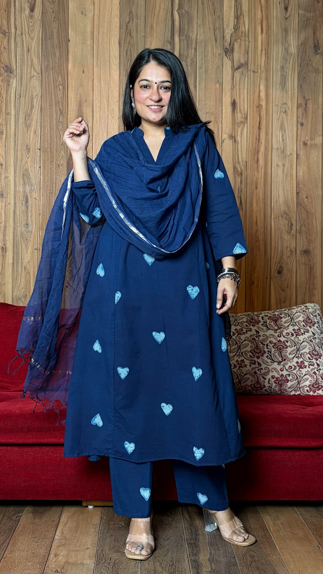 Nyra Big Hearts Kali Kurta In Cotton - Indigo