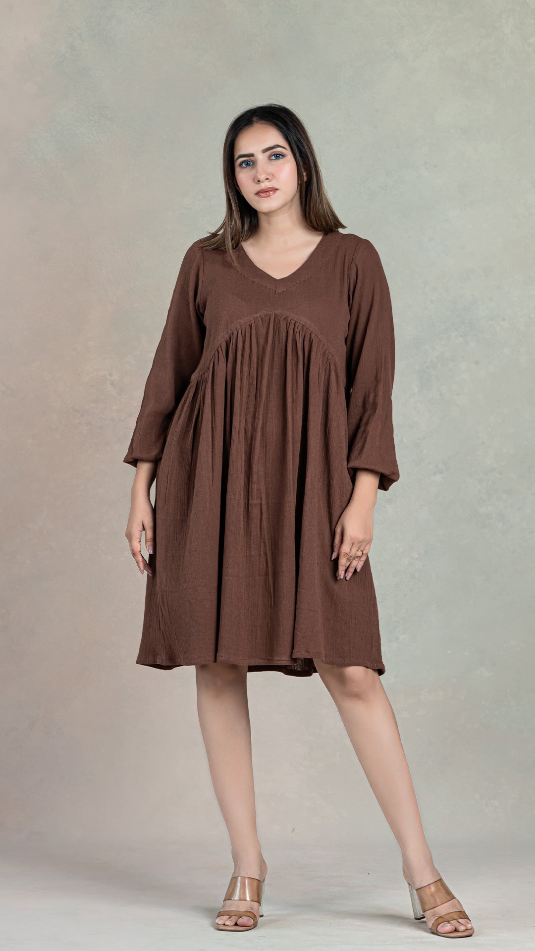 Brown Tier Dress In Crinkled Cotton