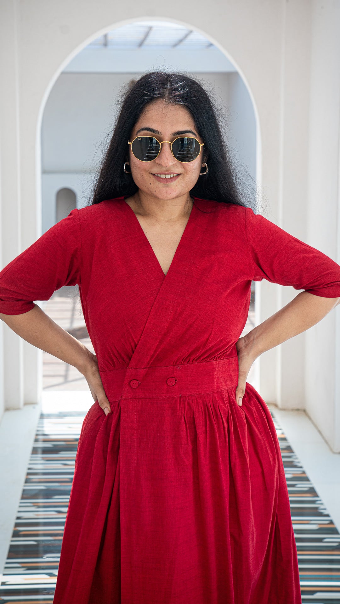 Solid Red Pleated Cotton Dress