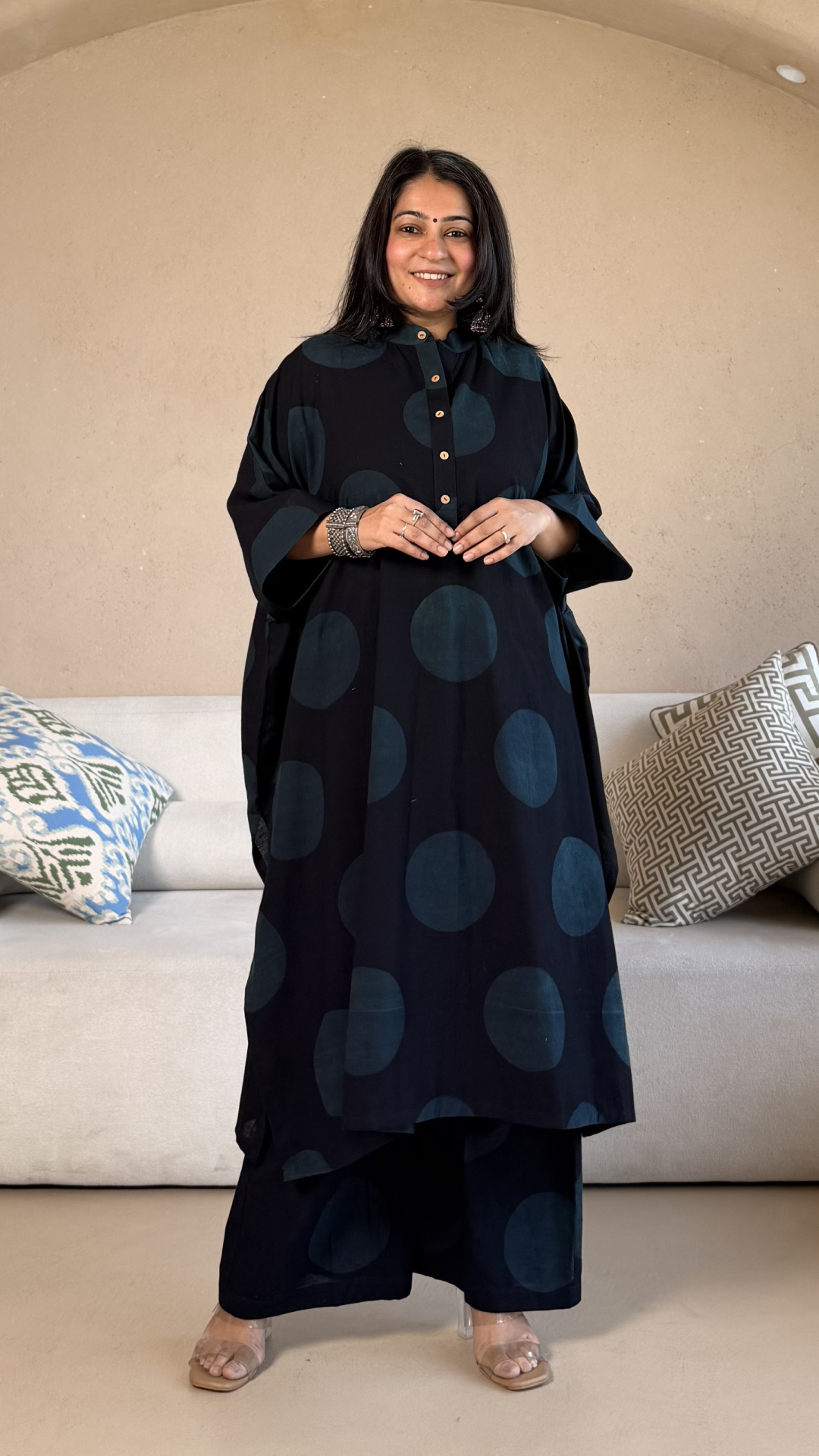 Indigo/Black Polka Dots Ajrakh Cotton Kaftan Co-ord