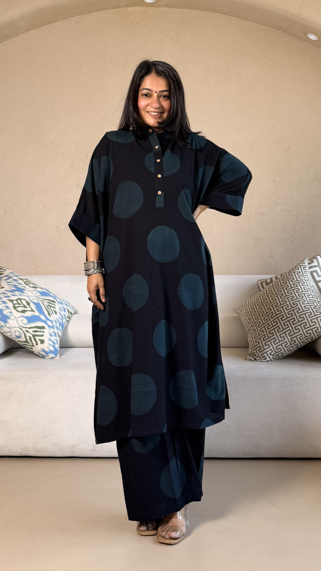 Indigo/Black Polka Dots Ajrakh Cotton Kaftan Co-ord