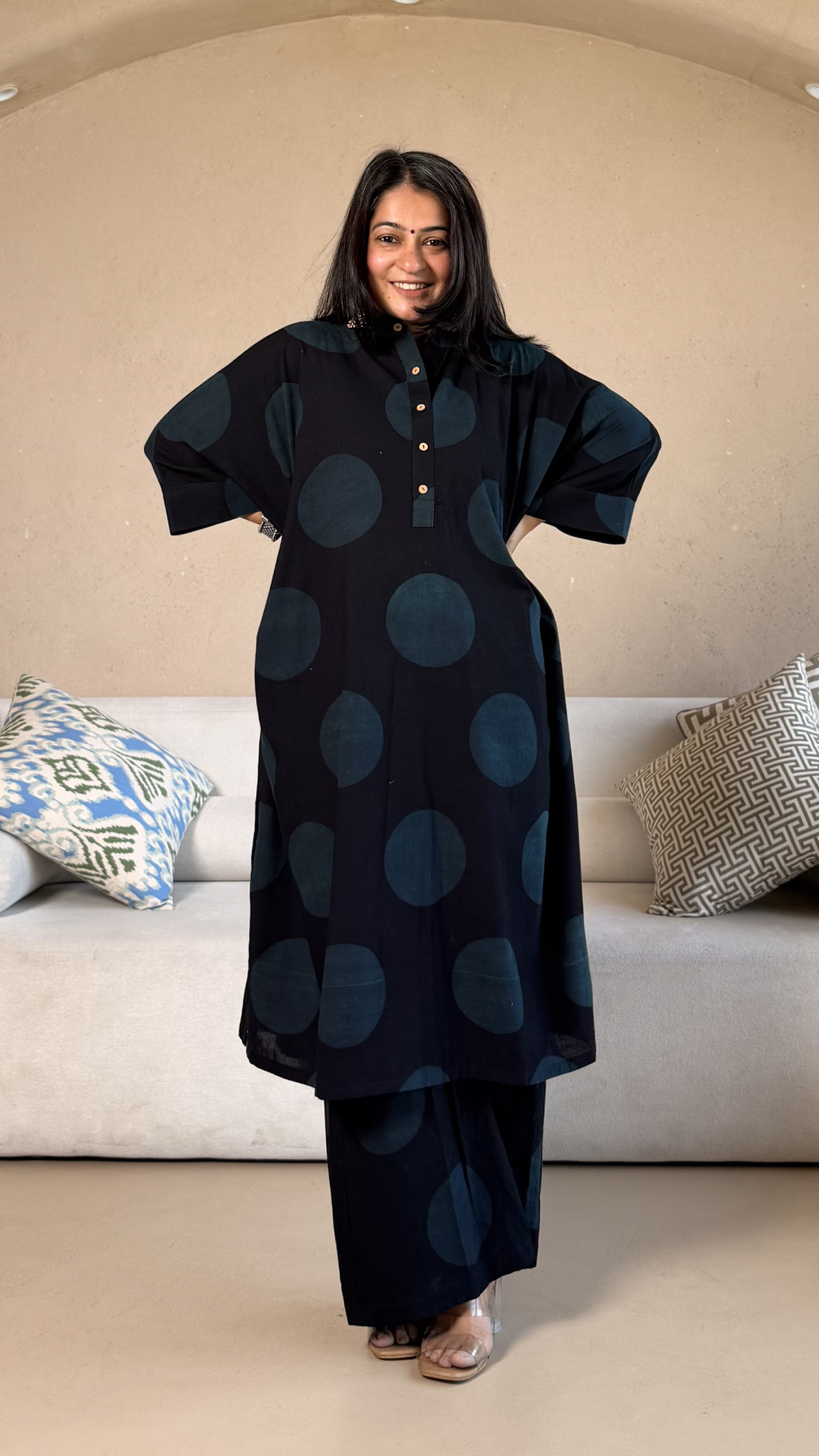 Indigo/Black Polka Dots Ajrakh Cotton Kaftan Co-ord