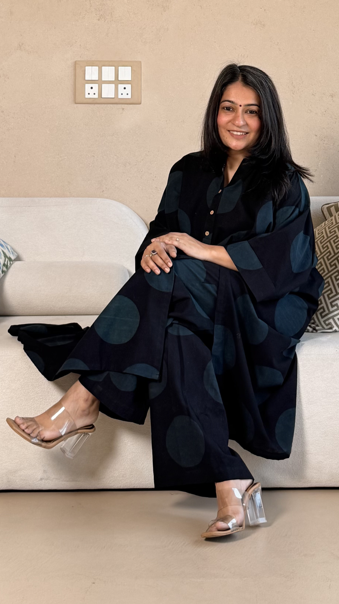 Indigo/Black Polka Dots Ajrakh Cotton Kaftan Co-ord