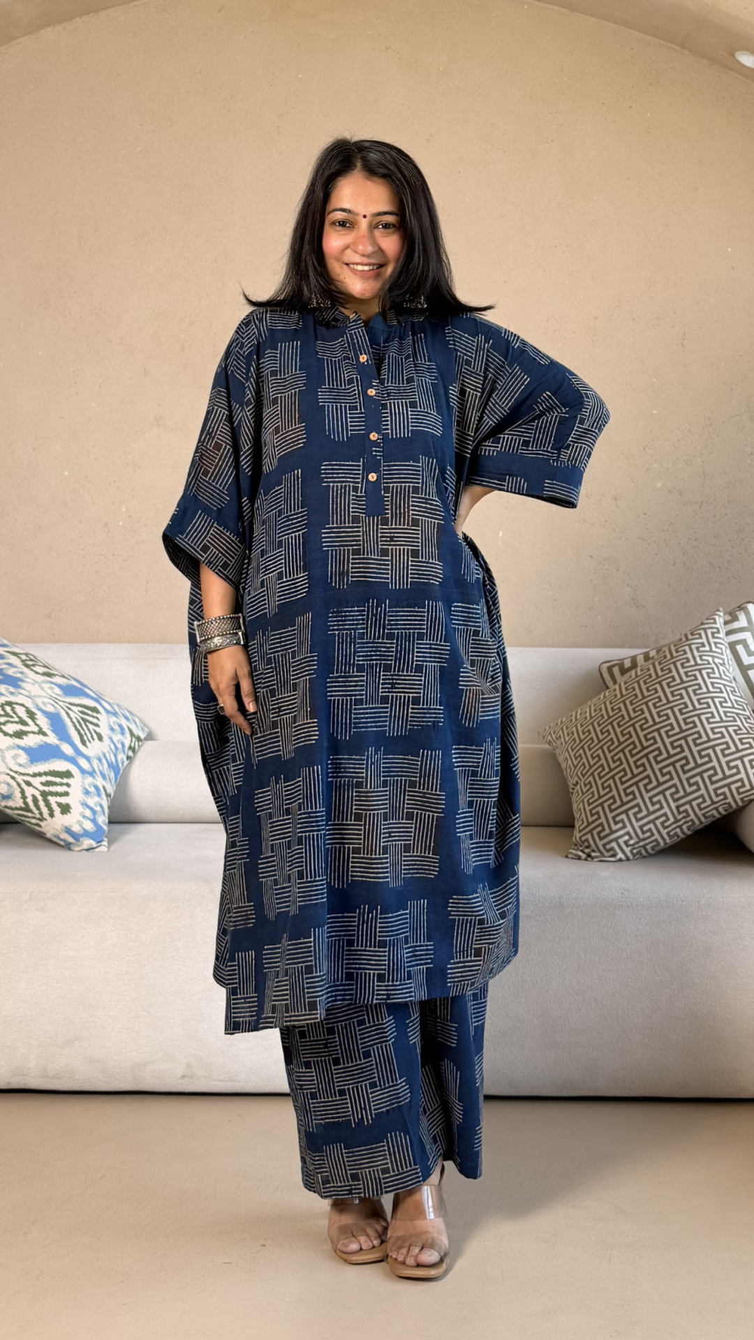 Jessica Ajrakh Cotton Kaftan Co-ord - Indigo