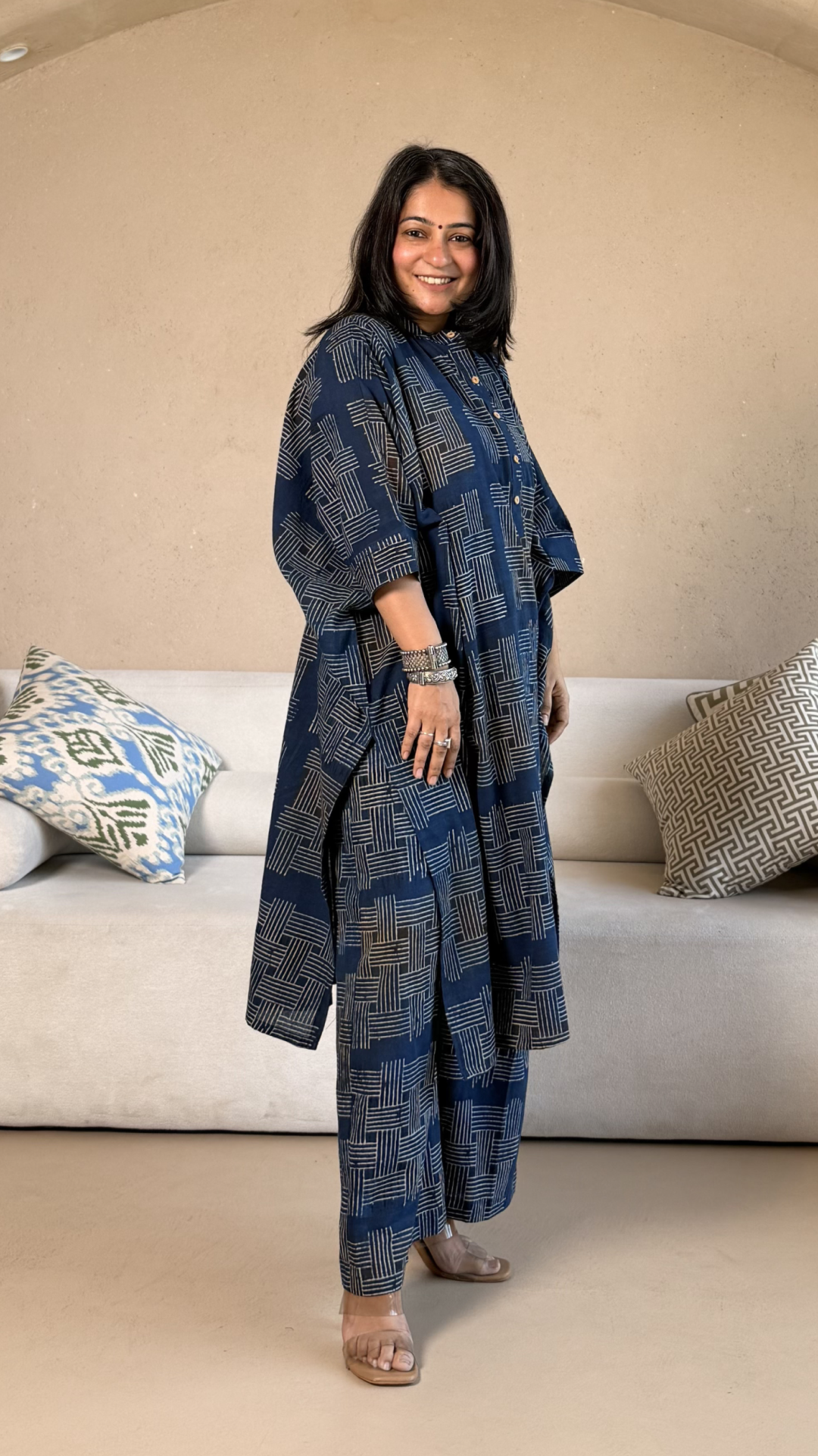 Jessica Ajrakh Cotton Kaftan Co-ord - Indigo
