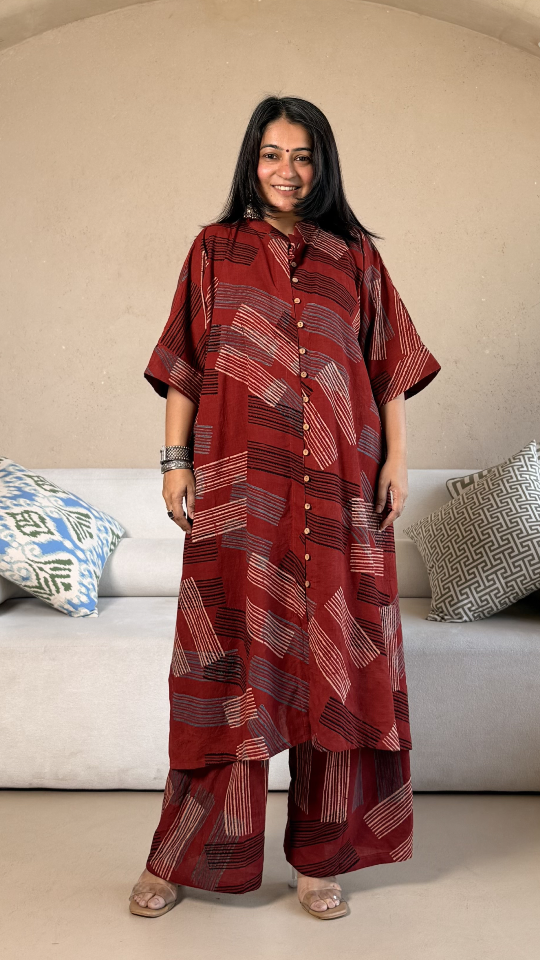 Clare Ajrakh Cotton Kaftan Co-ord - Red