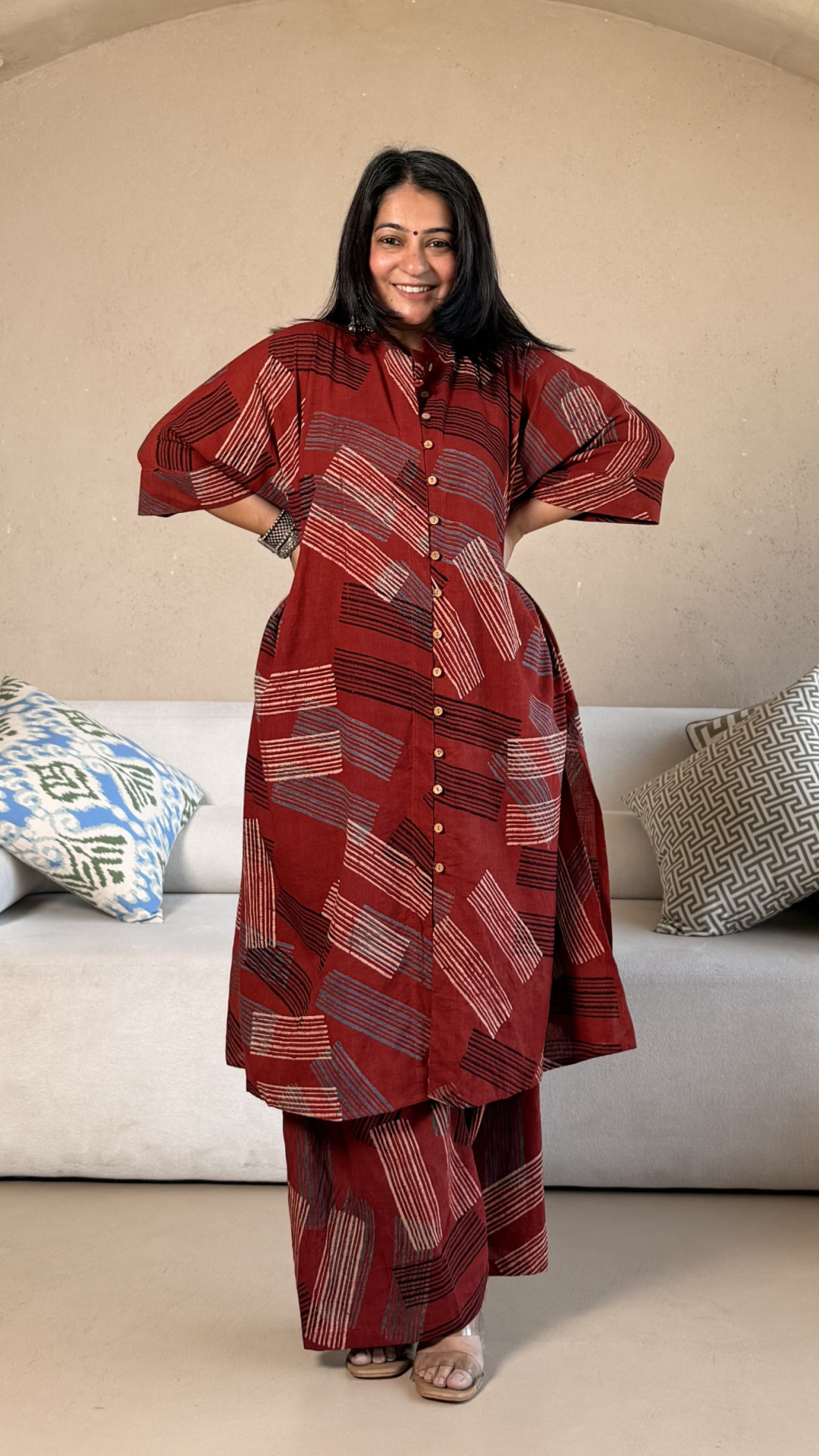 Clare Ajrakh Cotton Kaftan Co-ord - Red