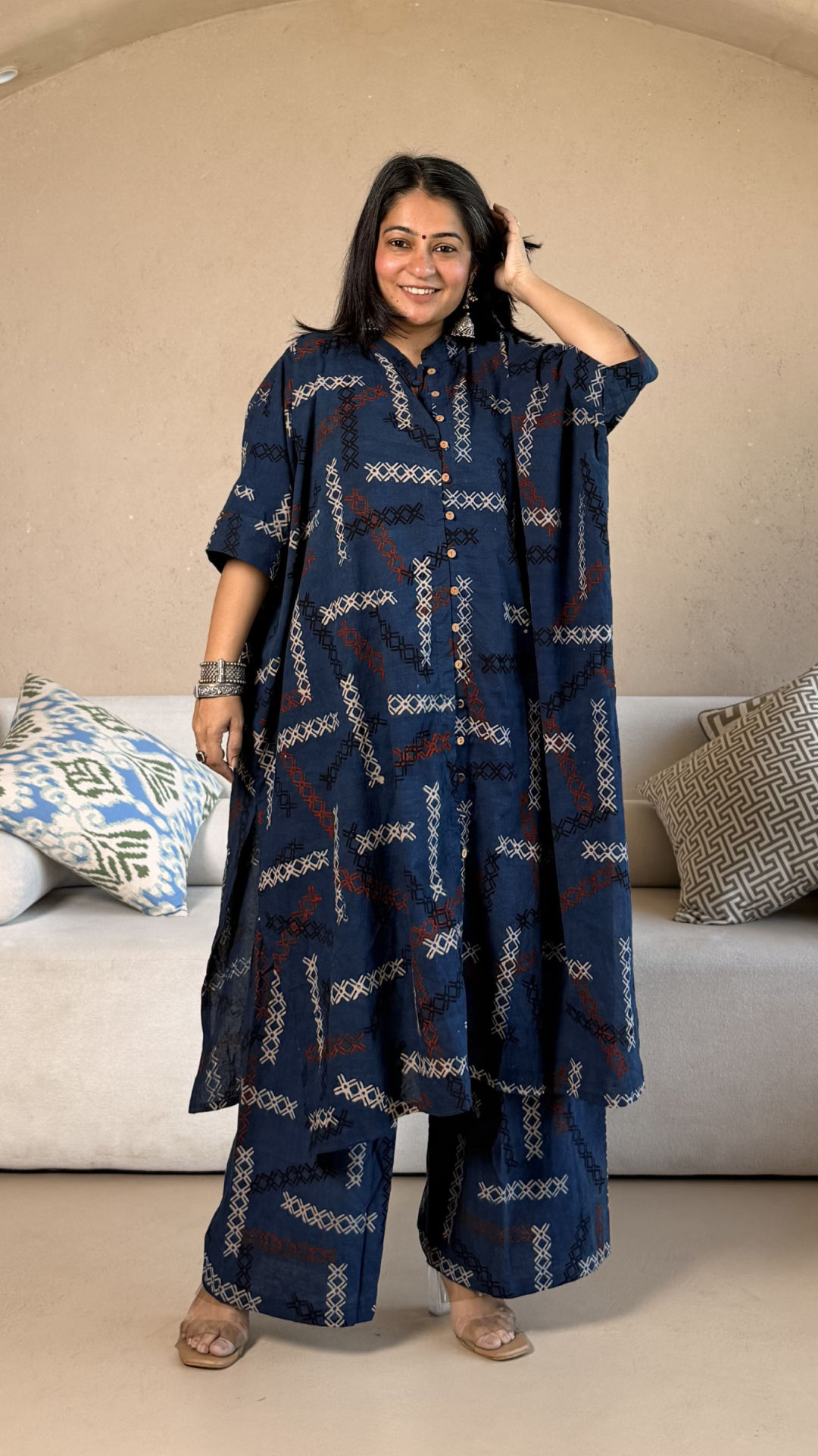 March Ajrakh Cotton Kaftan Co-ord - Indigo