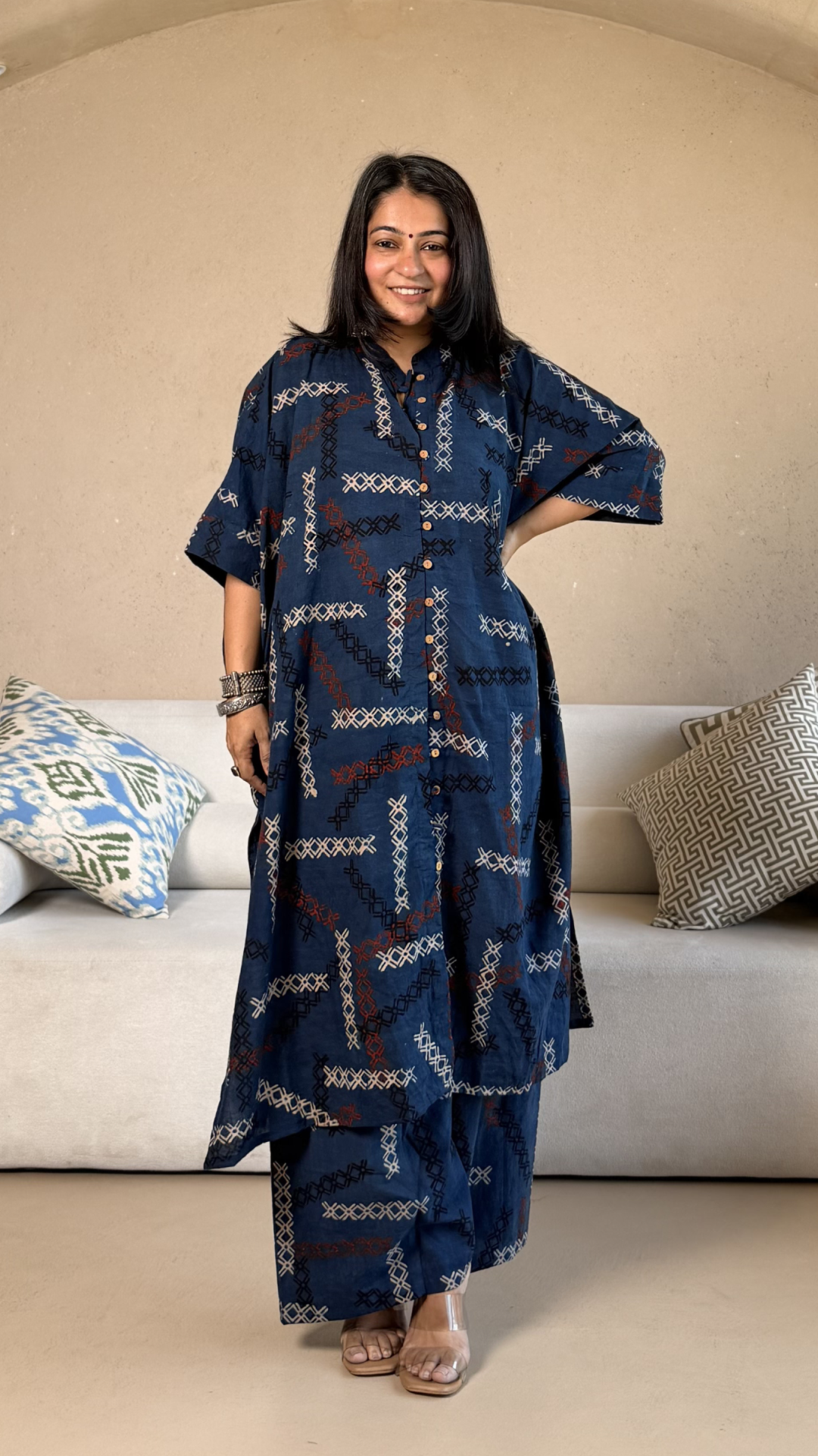 March Ajrakh Cotton Kaftan Co-ord - Indigo