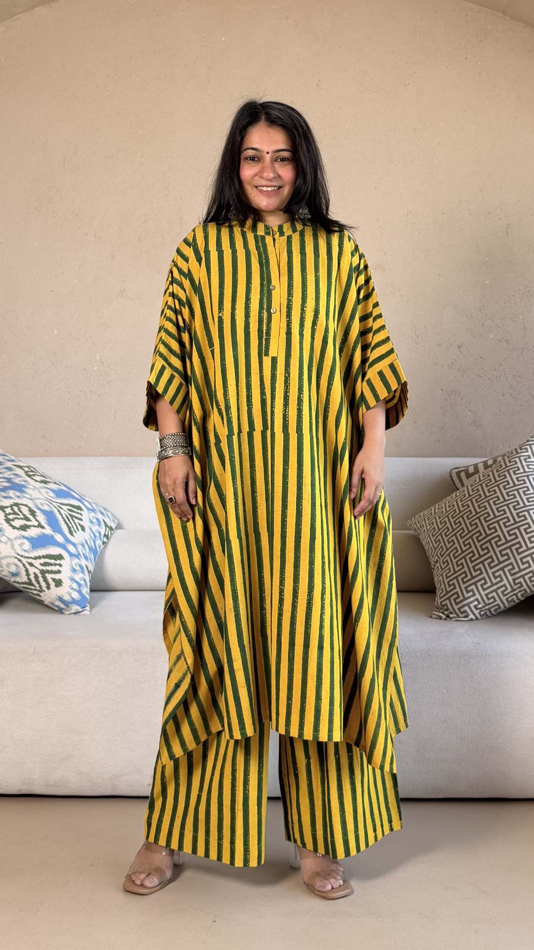 Joe Ajrakh Cotton Kaftan Co-ord - Yellow/Green