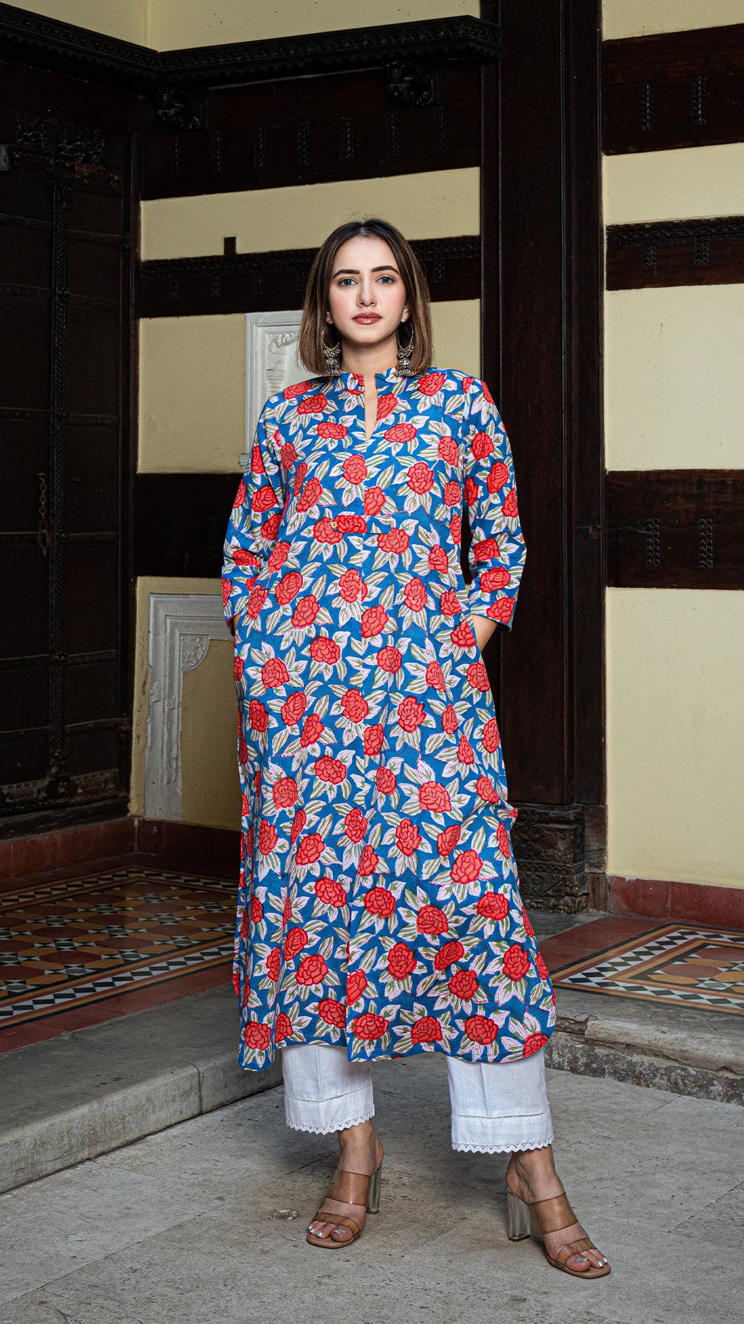 Mishka Sanganeri Floral Cotton Kurta - Blue/Red