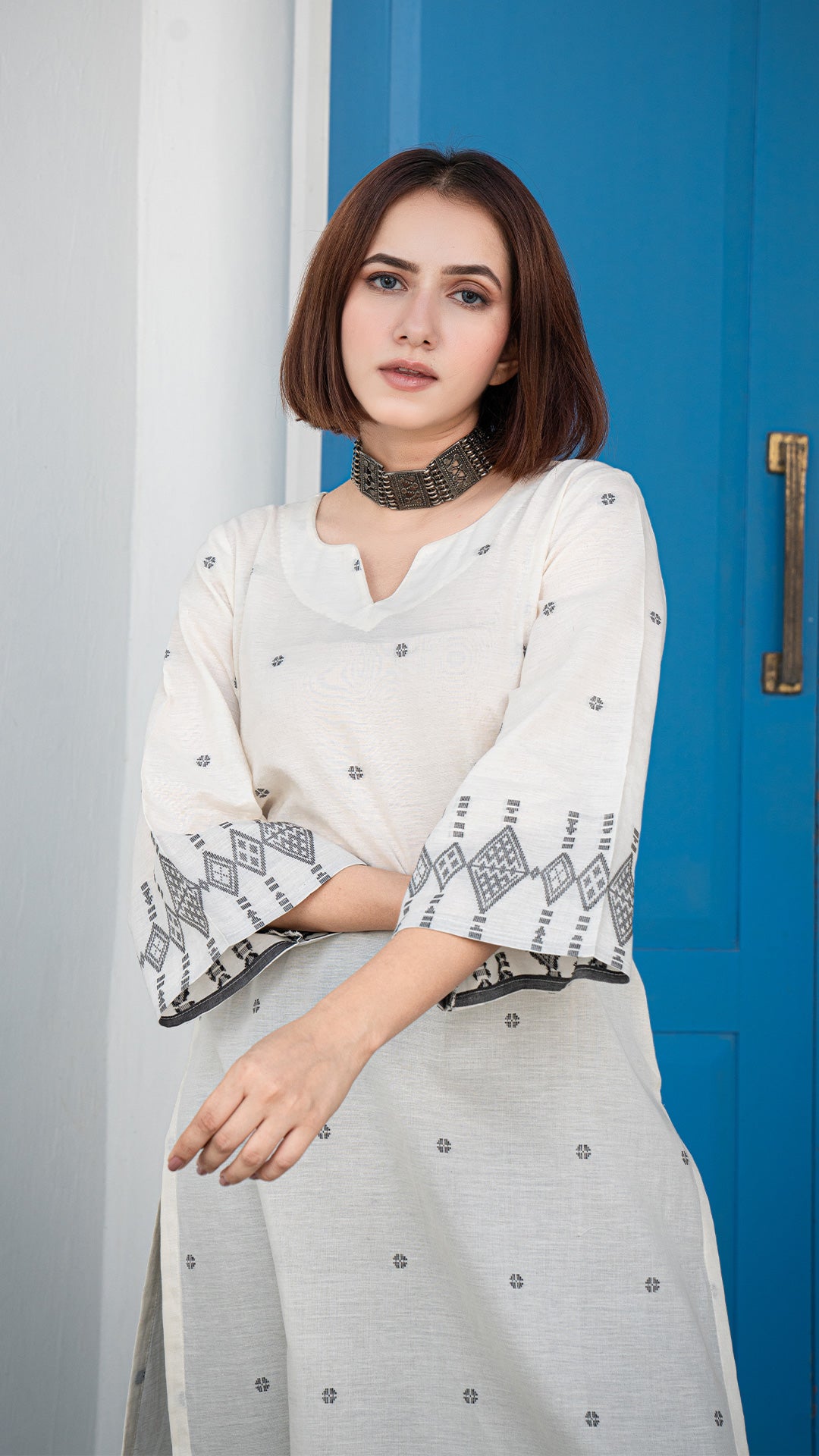 Sania Hand Woven Cotton Kurta - White/Black