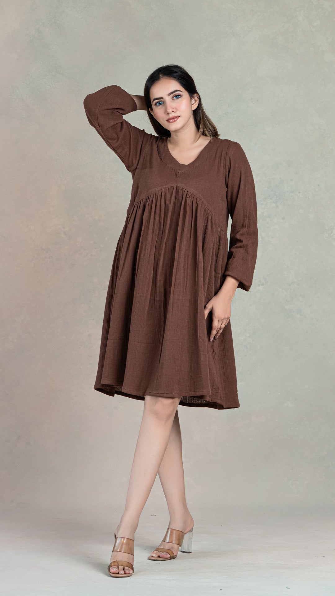 Brown Tier Dress In Crinkled Cotton