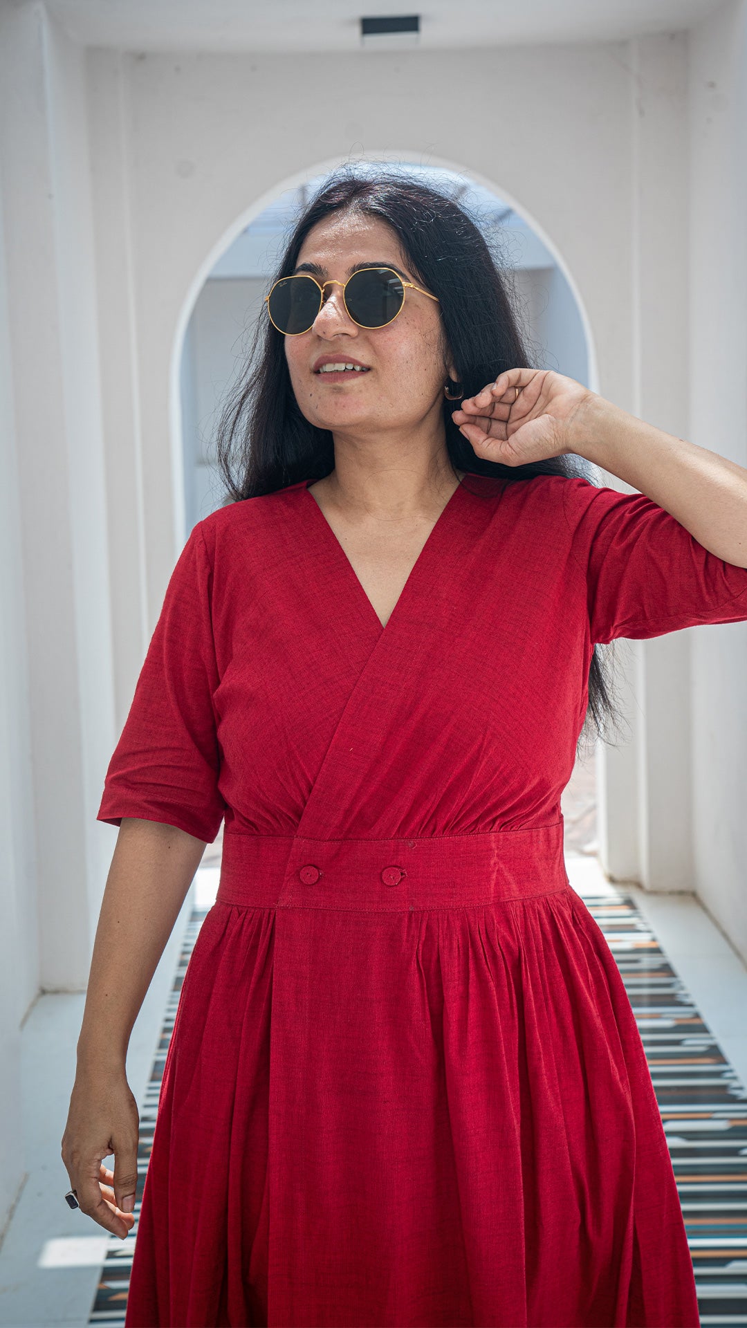 Solid Red Pleated Cotton Dress