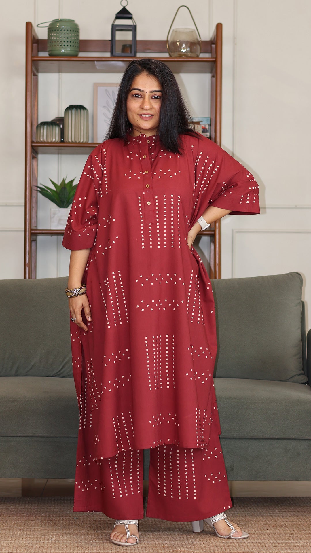 Garima Hand Block Cotton Kaftan Co-ord - Red