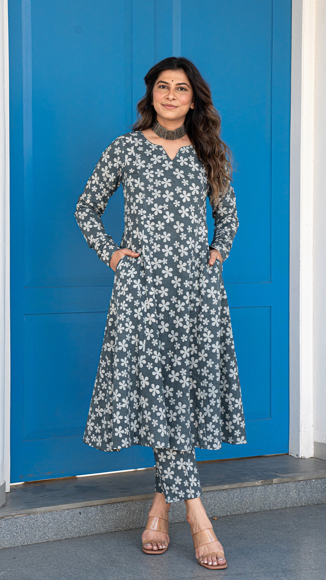 Nima FLoral Kali Kurta In Grey