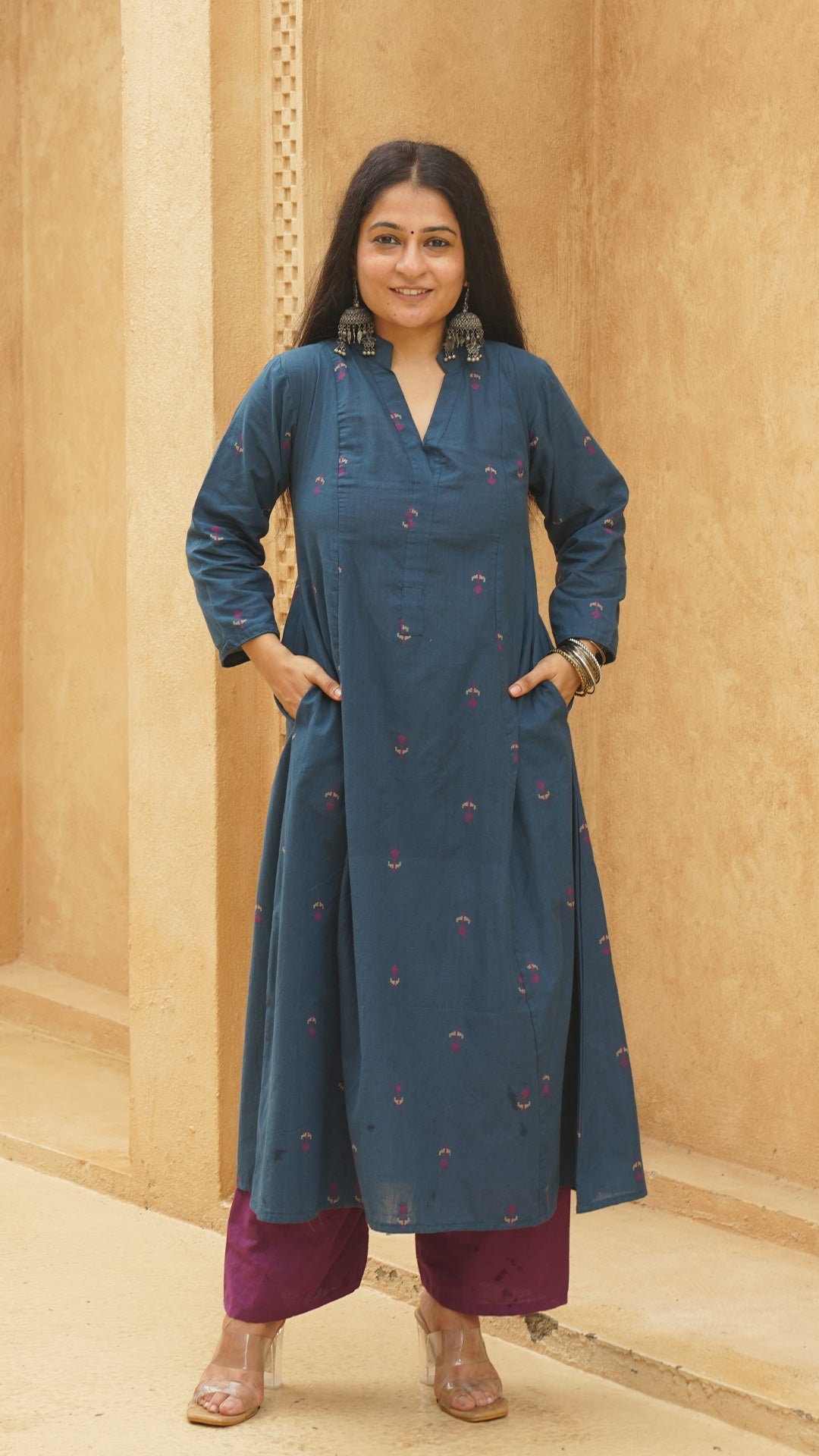Kshiti Flower Motif Hand Woven Kali Cotton Kurta - Blue