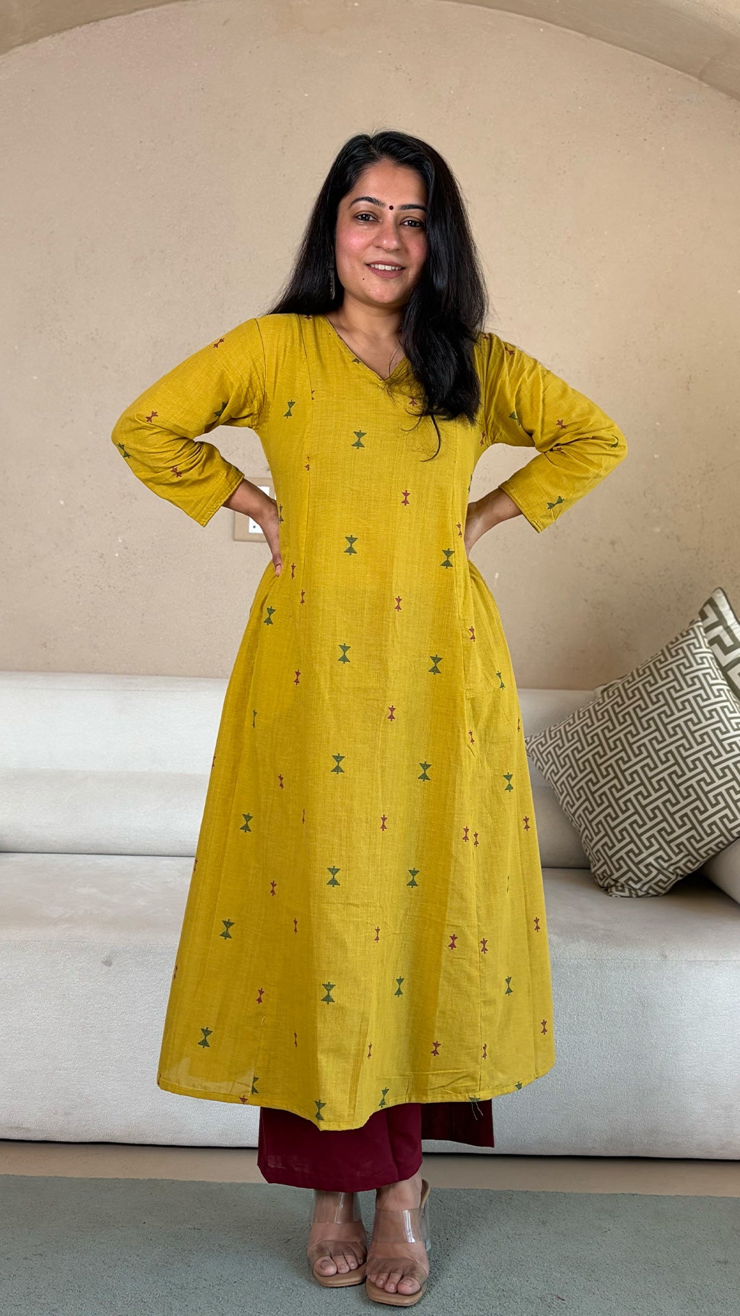 Shagun Hand Woven Kali Kurta In Cotton - Yellow
